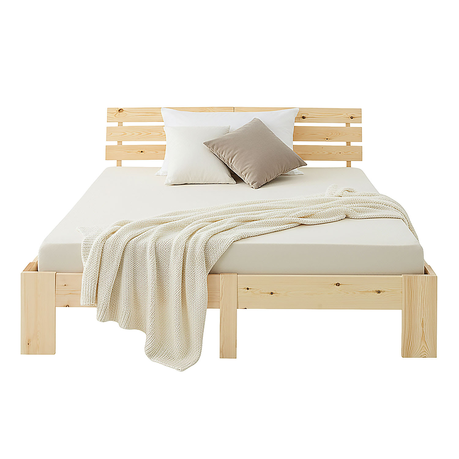 Wood Bed 180x200 cm Natural | Double Bed | with Spring Mattress | Solid | Youth Guest Bedroom