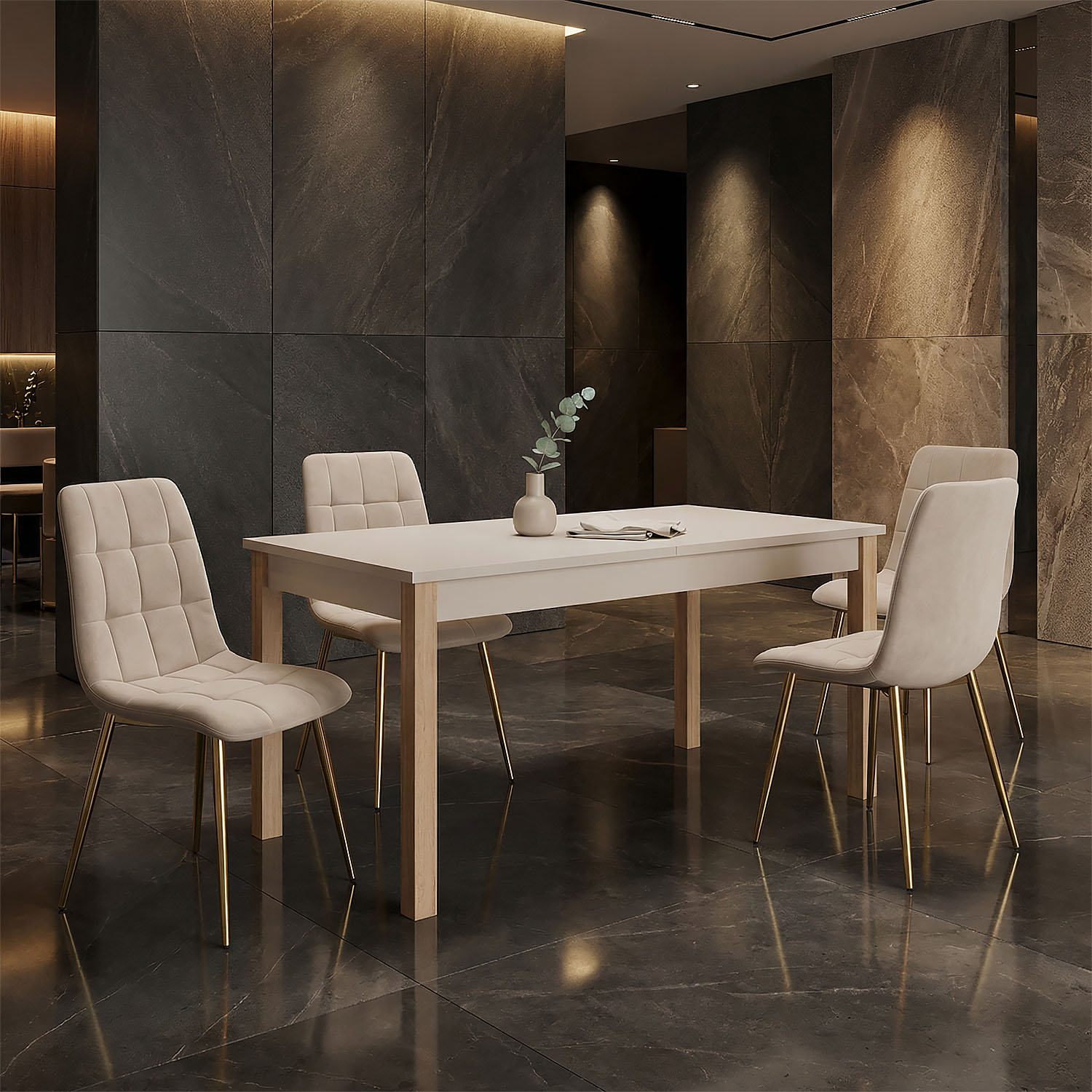 Modern Dining Table Kitchen Table Wooden Table 160x80 cm Beige Grey 8 Seater Extendable