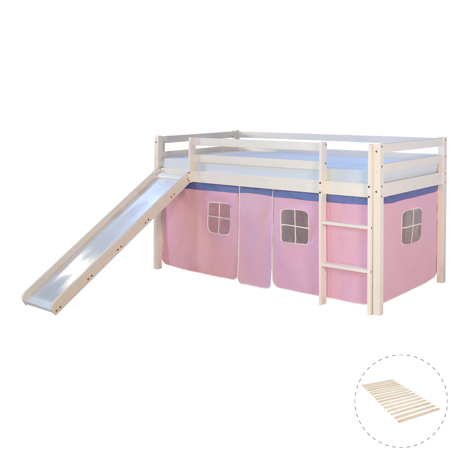 Loft Bed Kids 90x200 cm White with Curtain in Pink | Slide | with Slatted Frame