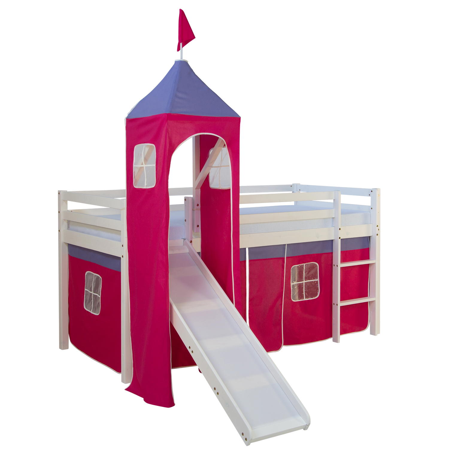 Loft Bed Kids 90x200 cm White with Curtain in Pink | Tower | Slide | without Slatted Frame