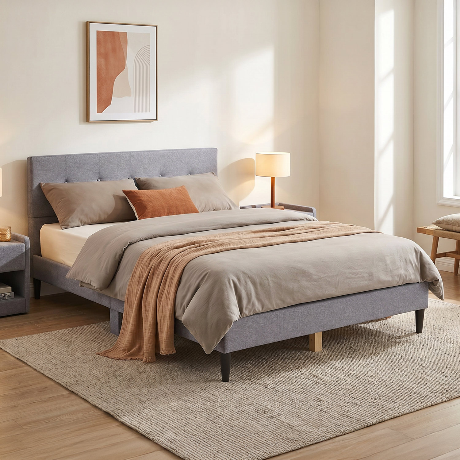 Upholstered bed 160x200 cm grey | with slatted frame | double fabric bed frame