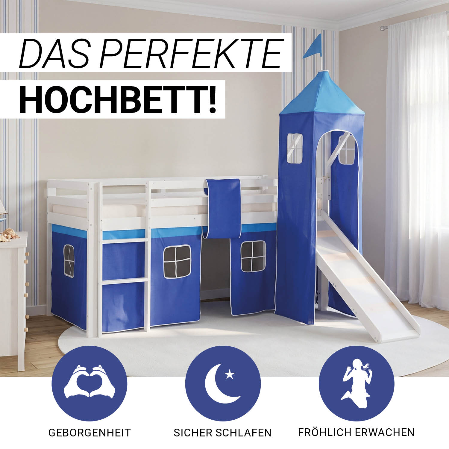 Children's Loft Bed 90x200 cm White with Blue Curtain | Tower | Slide | Without Slatted Base | For Boys