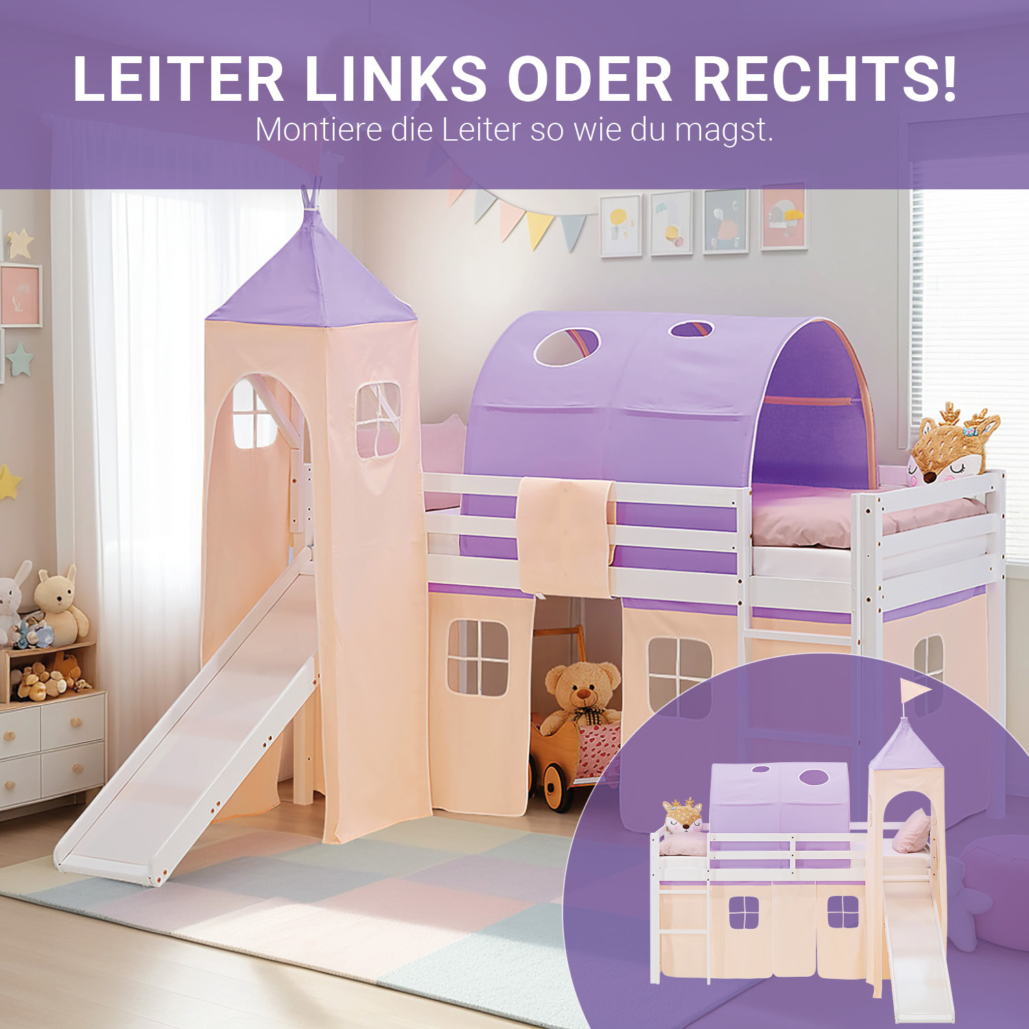 Loft Bed for Kids 90x200 cm White with Curtain in Lilac Beige | Slide | Tower | Tunnel | with Slatted Frame