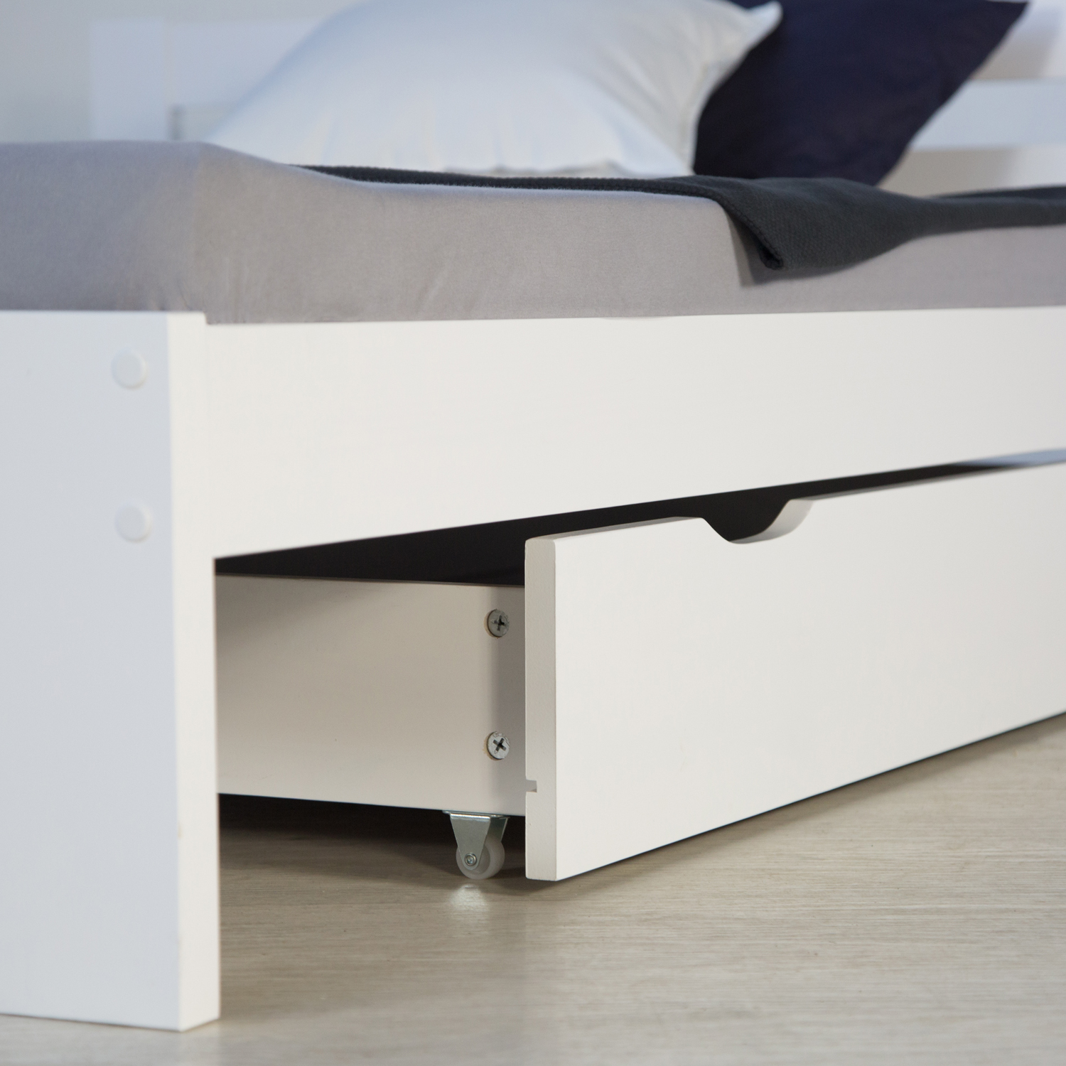 Wooden Bed 140x200 cm White – Solid Wood Double Bed with Storage & Slatted Base