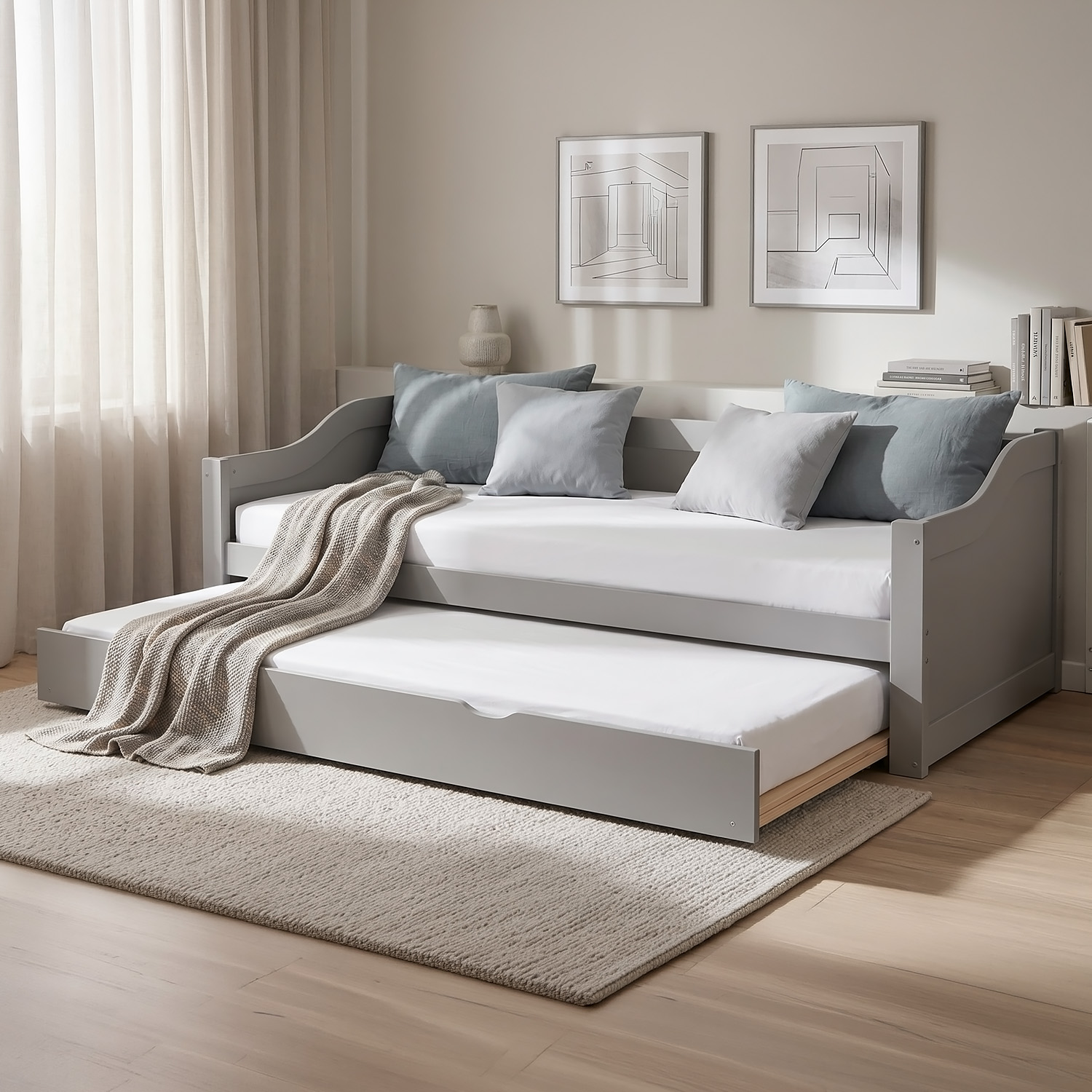 Guest bed Wooden bed 90x200 cm White Gray Natural Daybed Pull-out bed Youth bed Pull-out bed Functional bed 2 mattresses