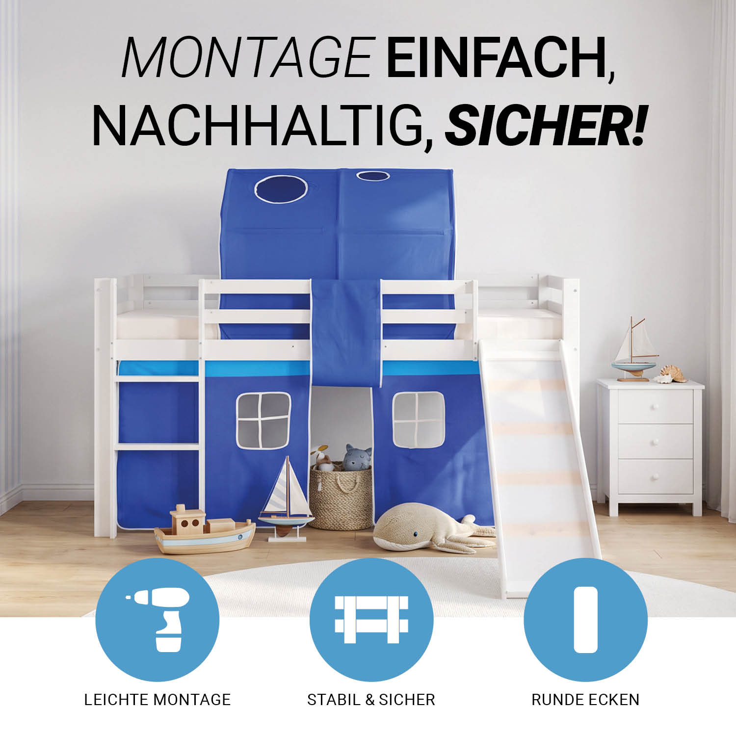 Children's Loft Bed 90x200 cm White with Blue Curtain | Slide | Tunnel | Includes Slatted Base | Includes Mattress
