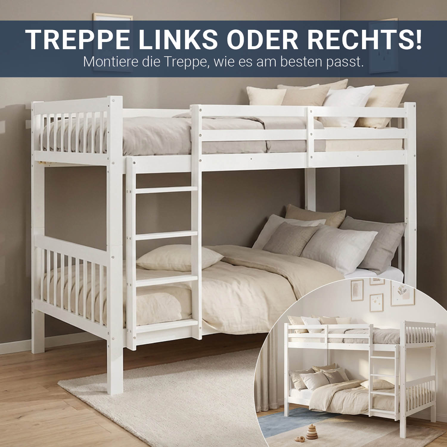 Bunk Bed 90x200 cm White | Kids Bed with Mattress | Fall Protection | Convertible | Massif pine wood