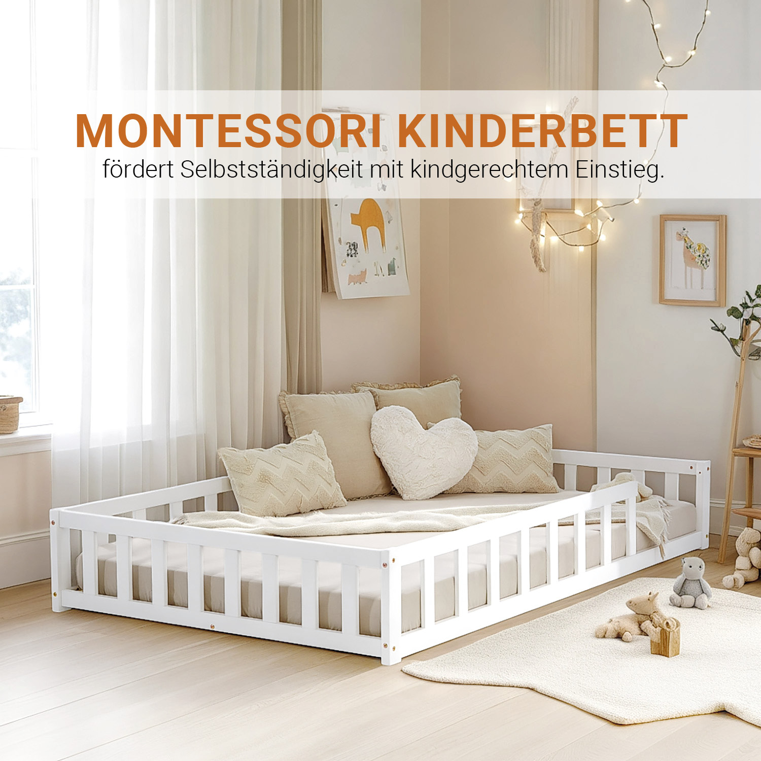 Children's Bed 120x200 White | Floor Bed with Mattress & Slatted Frame | with Fall Protection | Montessori