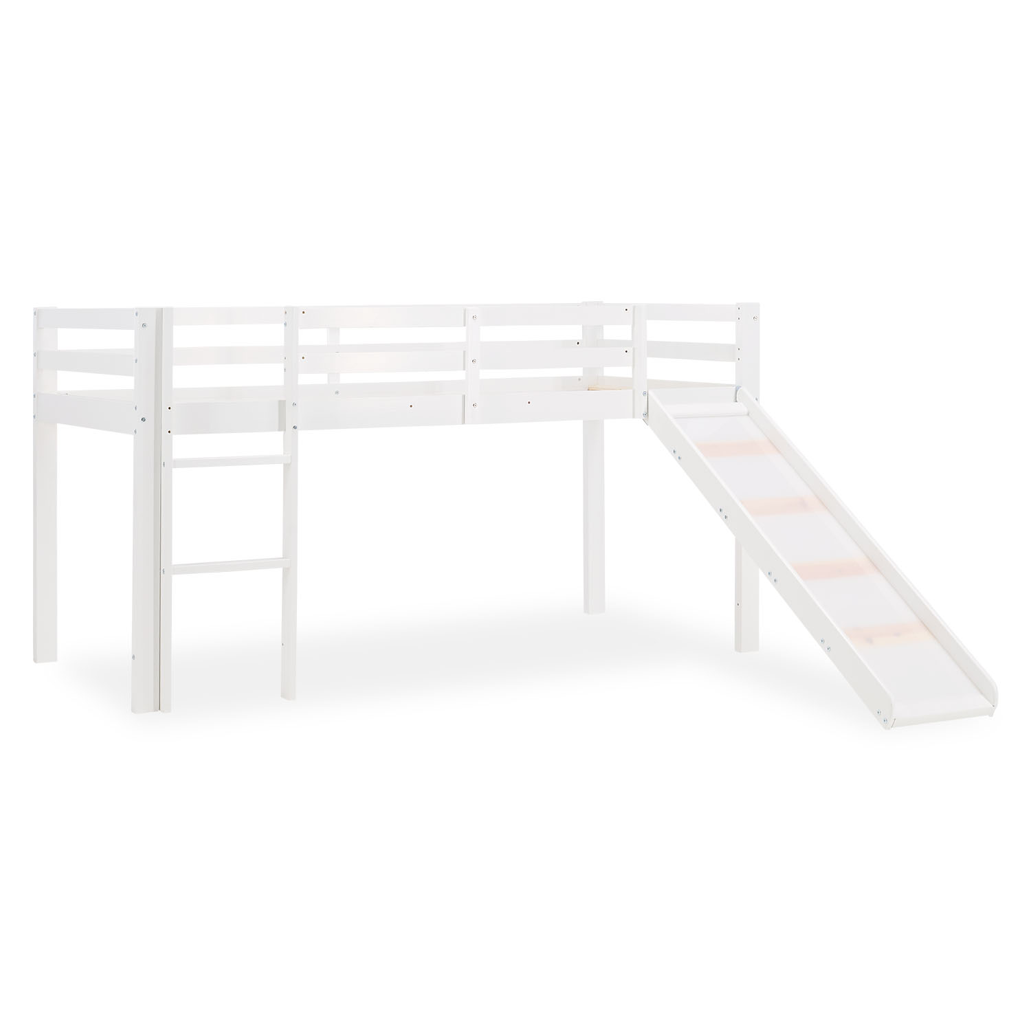 Children's Loft Bed 90x200 cm White with Star Curtain | Tunnel | Slide | Includes Slatted Base | Includes Mattress
