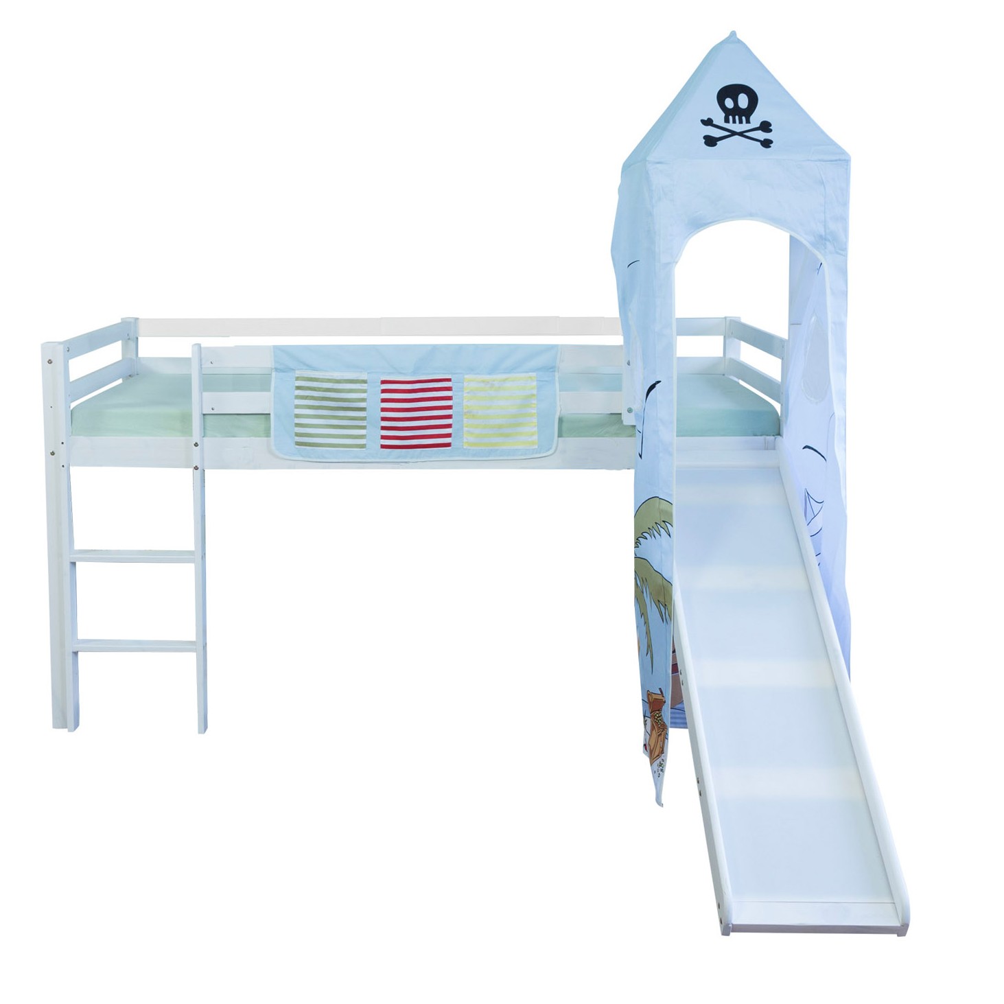 Loft Bed Kids 90x200 cm White with Curtain Blue Pirate | Tower | Slide | without Slatted Frame