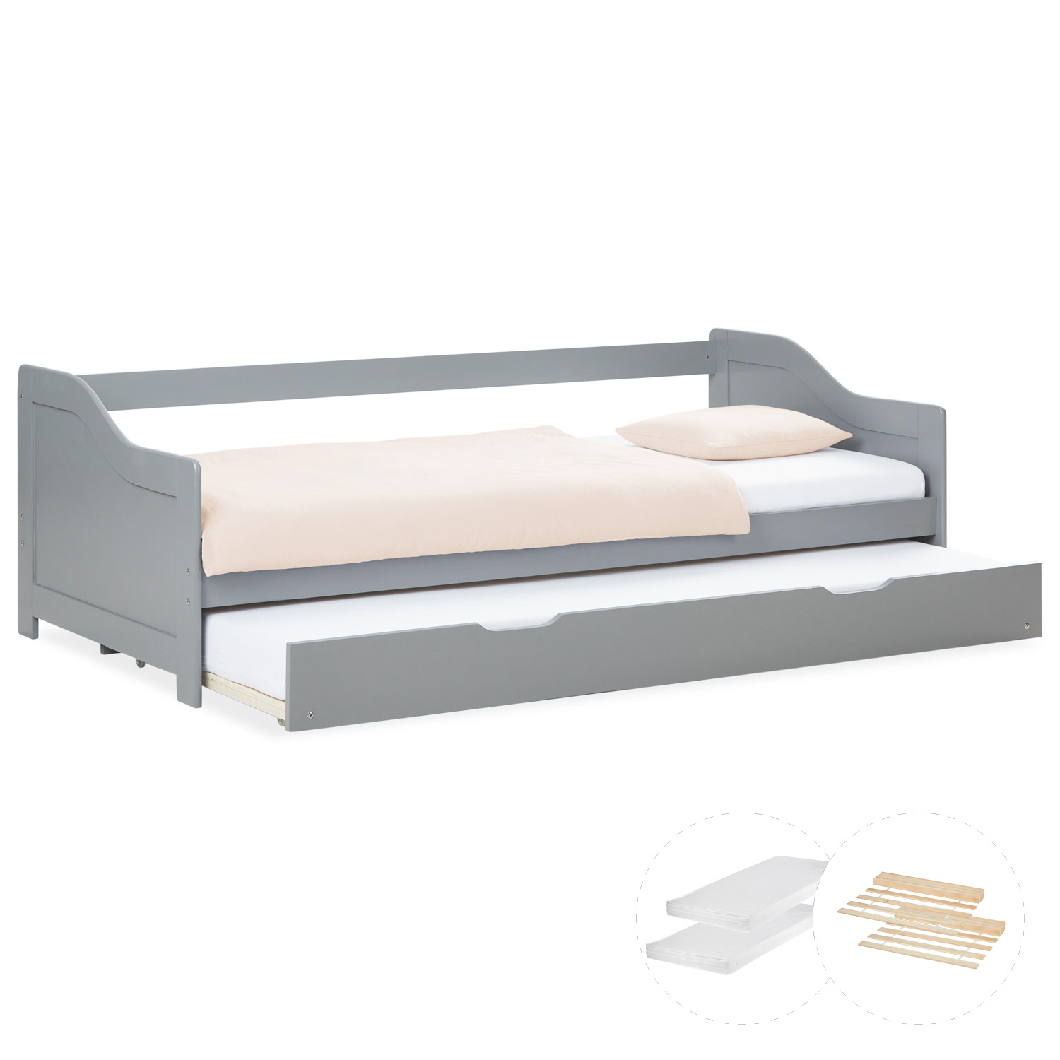 Wood Bed 90x200 cm Grey | Extendable | Cabin Bed | with Mattress | Kids Youth Guest Bedroom