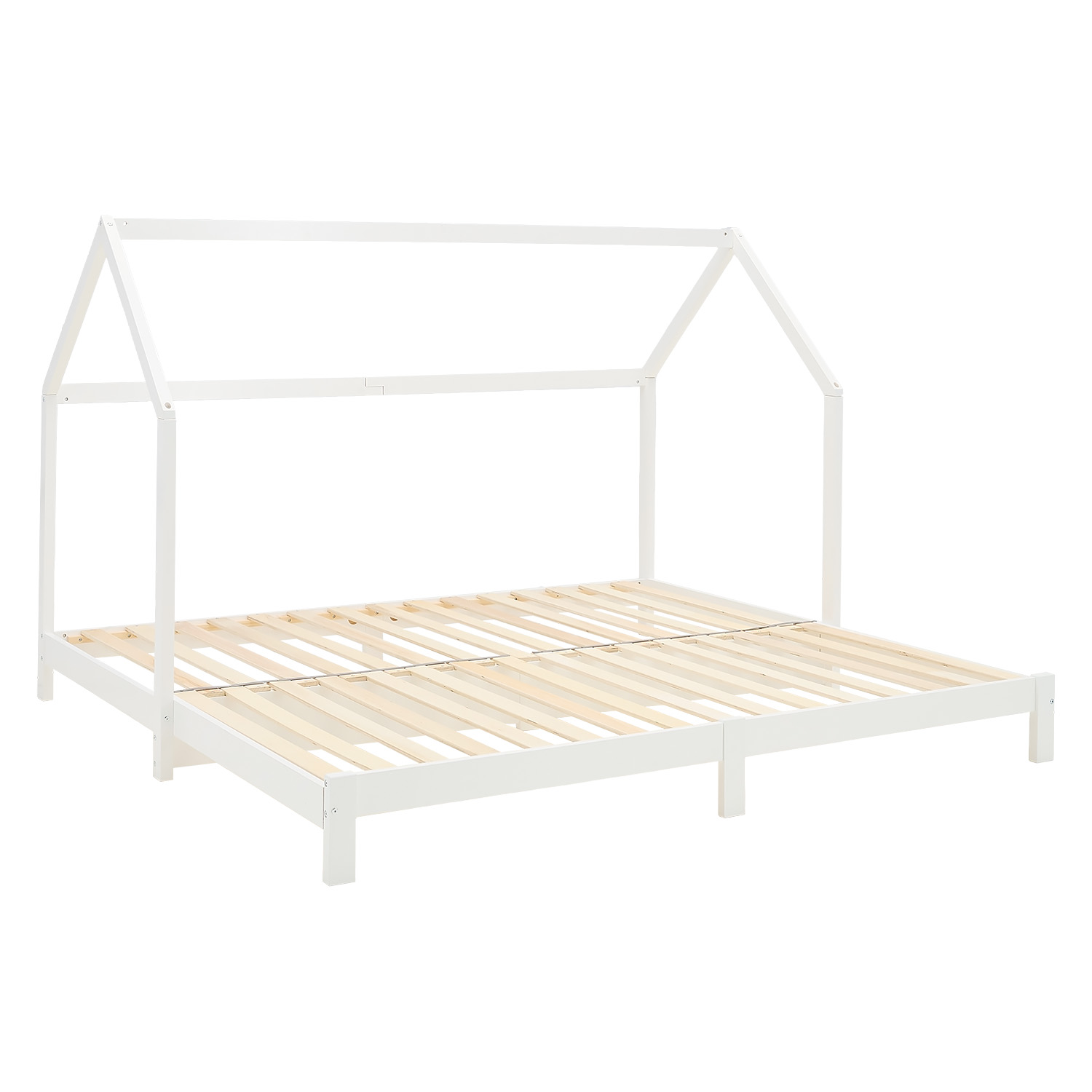 Children's Bed with Pull Out Bed 90x200 cm House Bed 2 Mattresses Bed Slats Treehouse Bed Children's Single Bed Wooden Frame White Trundle