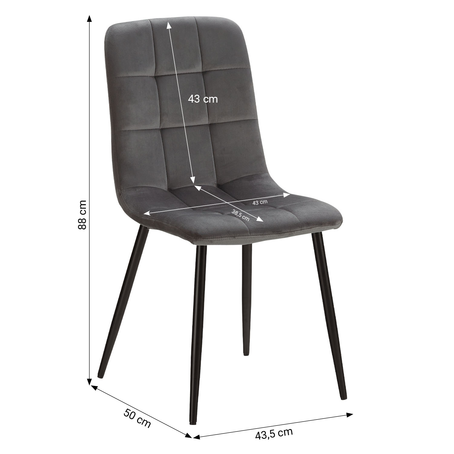 Upholstered Chair, Gray Velvet – Dining Chair without Armrests, with Quilted Backrest