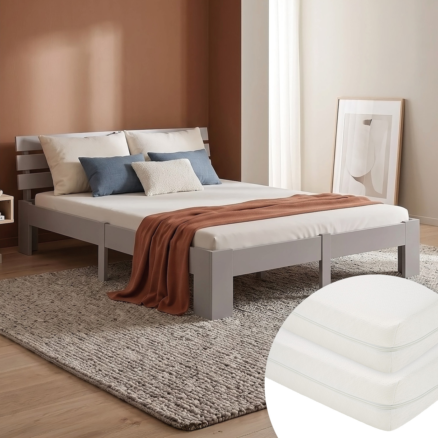 Wood Bed 160x200 cm Grey | Double Bed | with 2 Mattress | Solid | Kids Youth Guest Bedroom