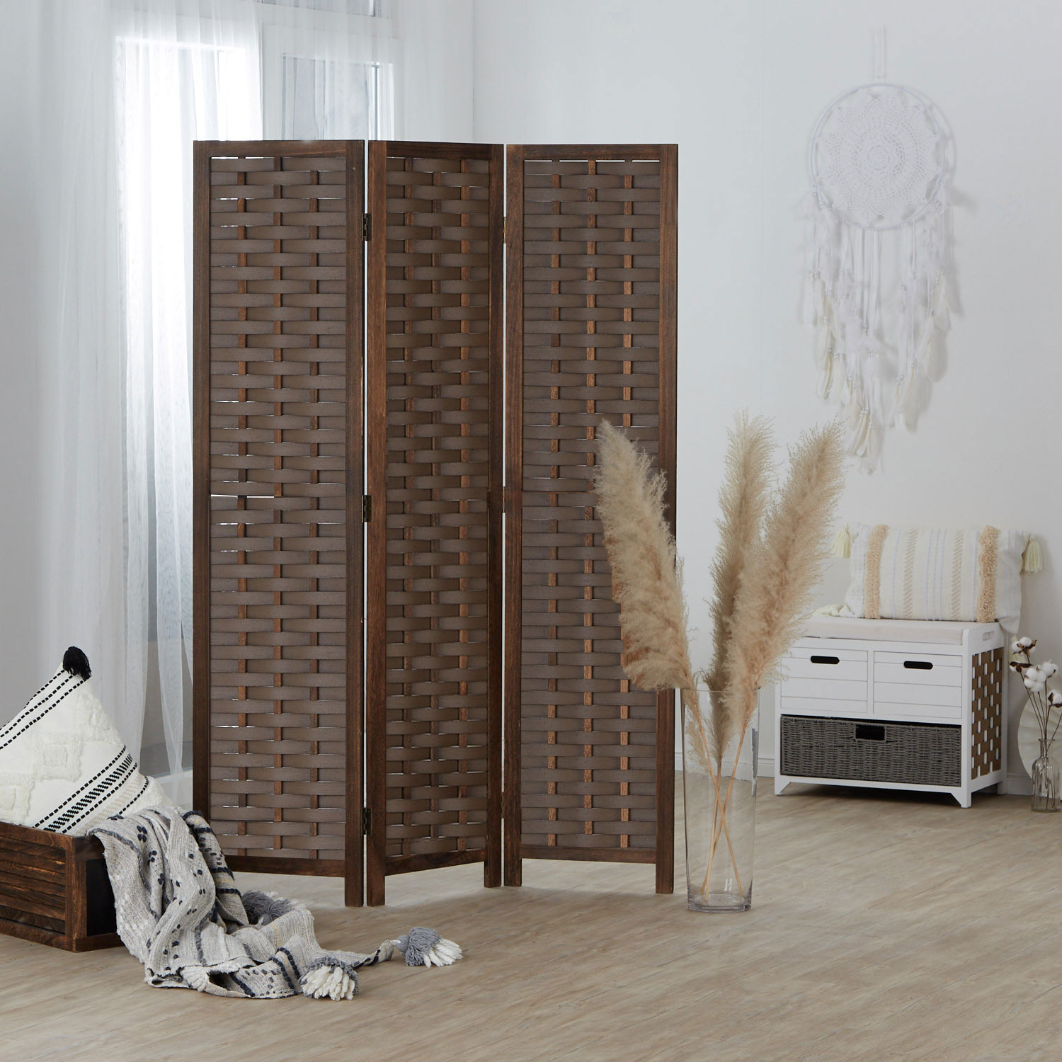 Room Divider 3 Piece White Natural Brown Wood Partition Screen Separation Rattan Vintage