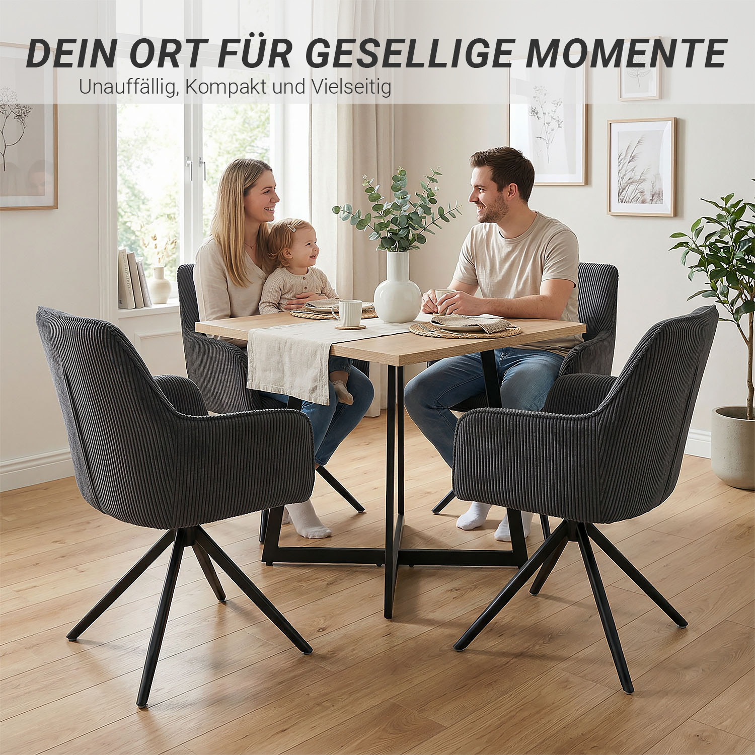 Modern Dining Table Kitchen Table Wooden Table 80x80 cm Oak Black Metal 4 Seater