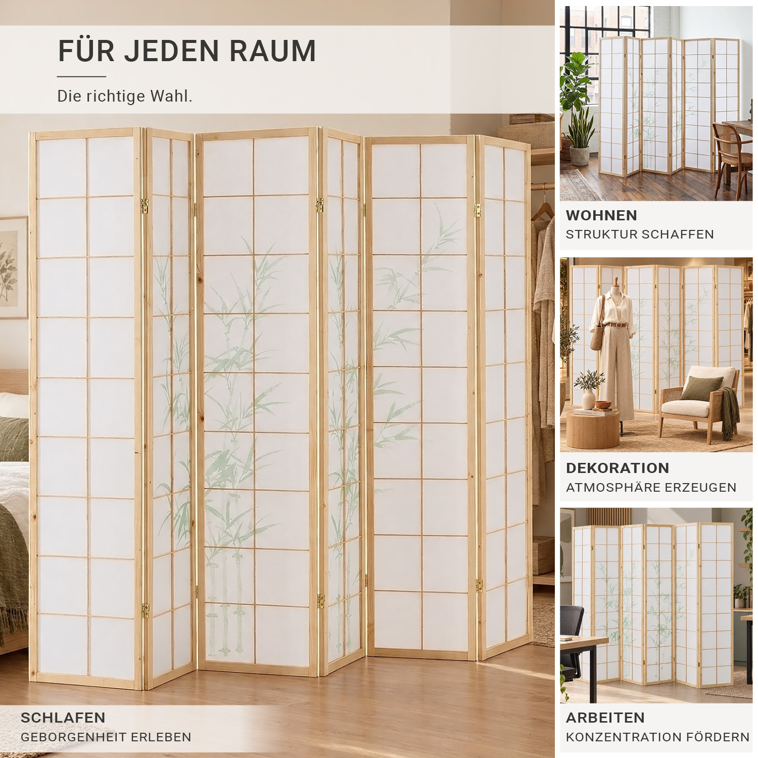 Paravent Natural Bamboo | 6-panel | Wood | Shoji Room Divider | Partition Privacy Screen