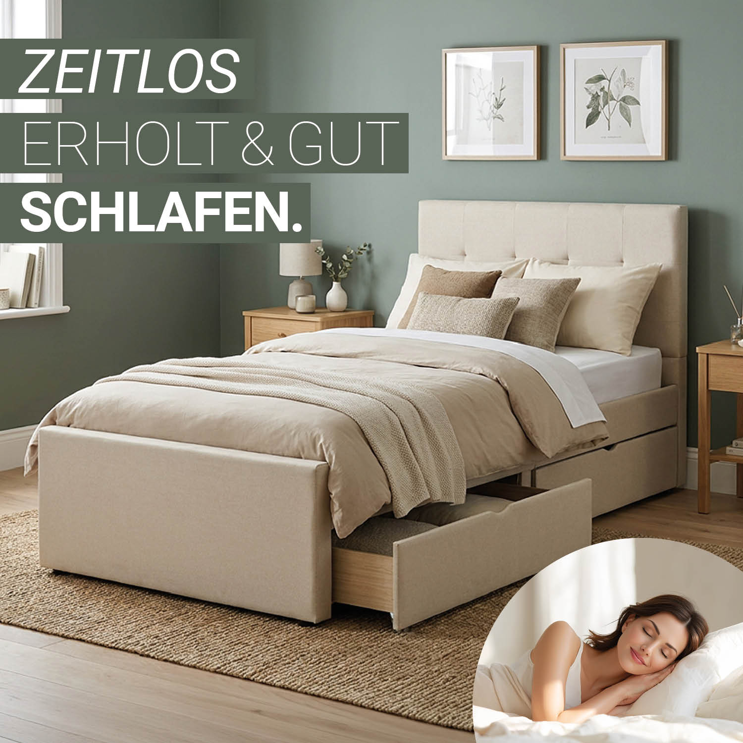 Upholstered bed 90x200 cm beige | with slatted frame | with 2 bed drawers | single fabric bed frame