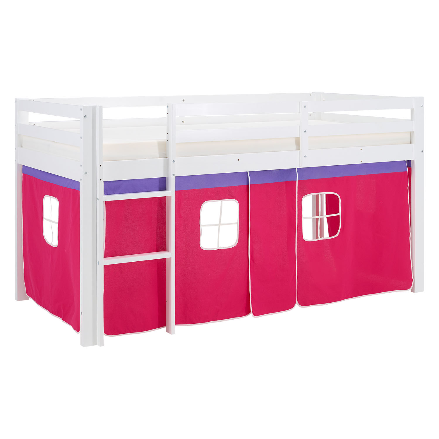 Loft Bed Kids 90x200 cm White with Curtain in Pink | without Slatted Frame