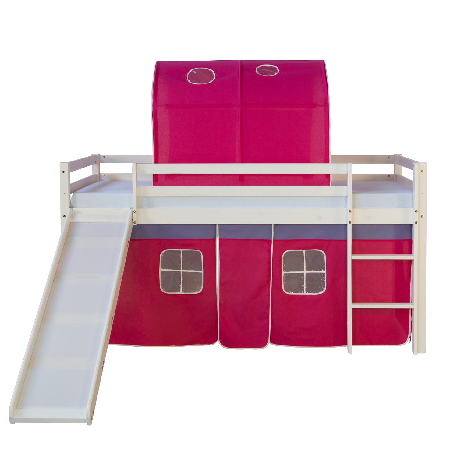 Loft Bed Kids 90x200 cm White with Curtain in Pink | Tunnel | Slide | without Slatted Frame