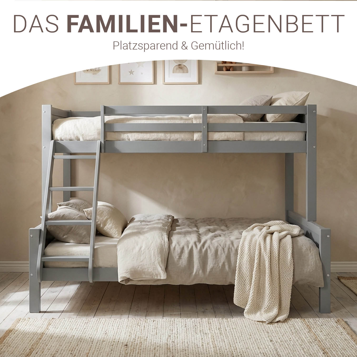Bunk Bed 2 Sleeping Areas 90x200 cm and 140x200 cm | Gray | with Slatted Frame