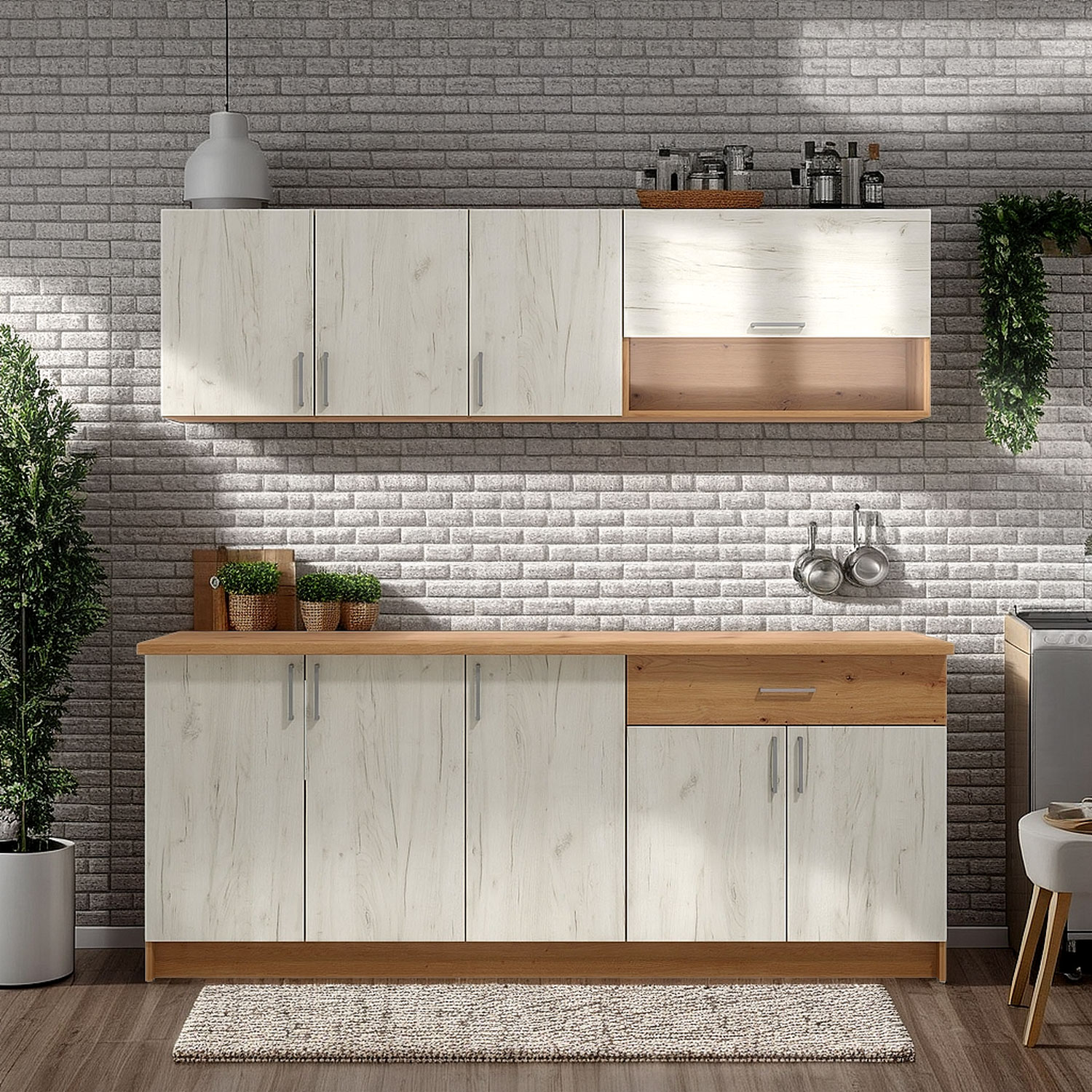 Deine Küchenzeile 200 cm – Weiß Shabby & Eiche – Ohne Geräte