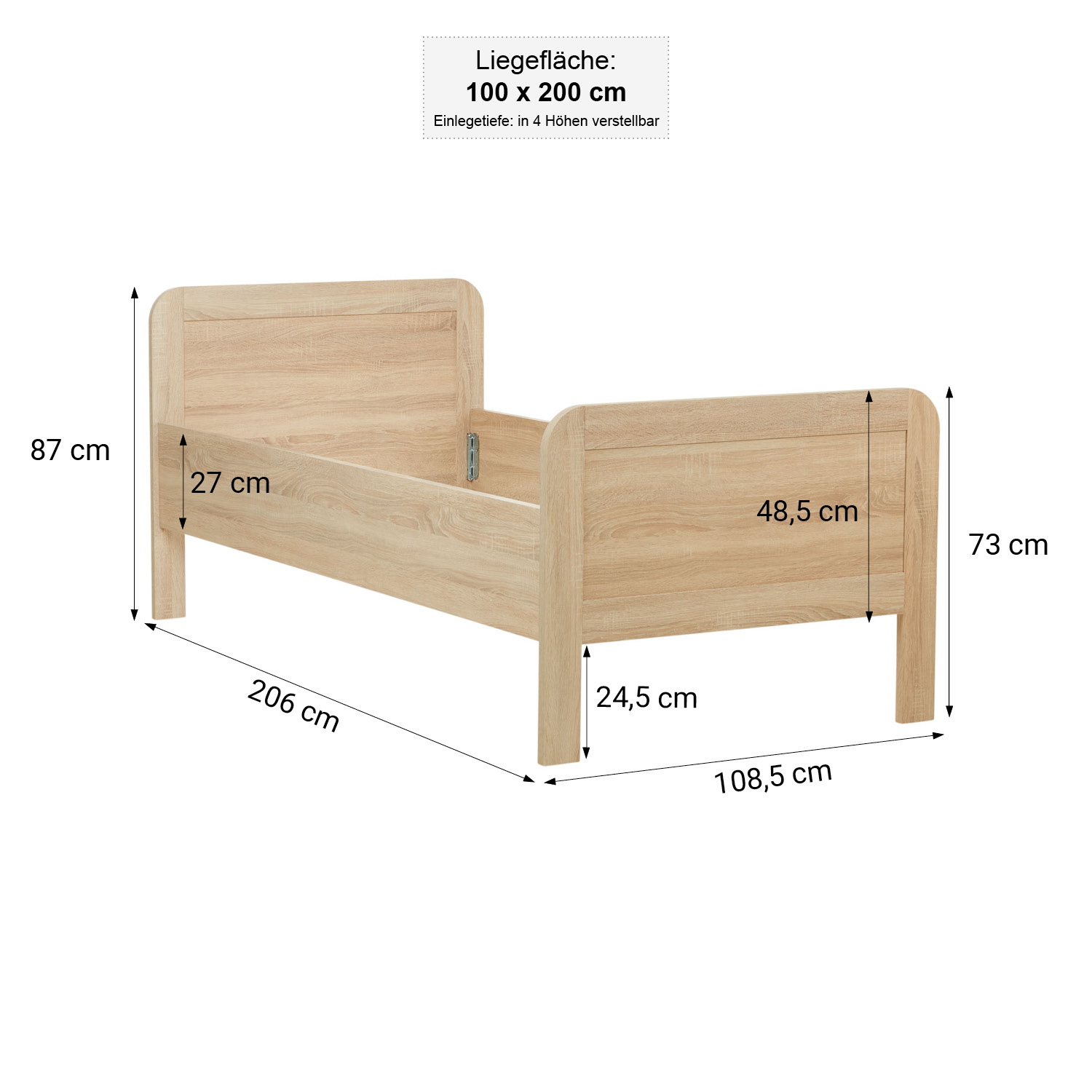 Comfort Bed 100x200 cm Natural | Senior Bed Height Adjustable | Single Bed | Wood | without Slatted Frame
