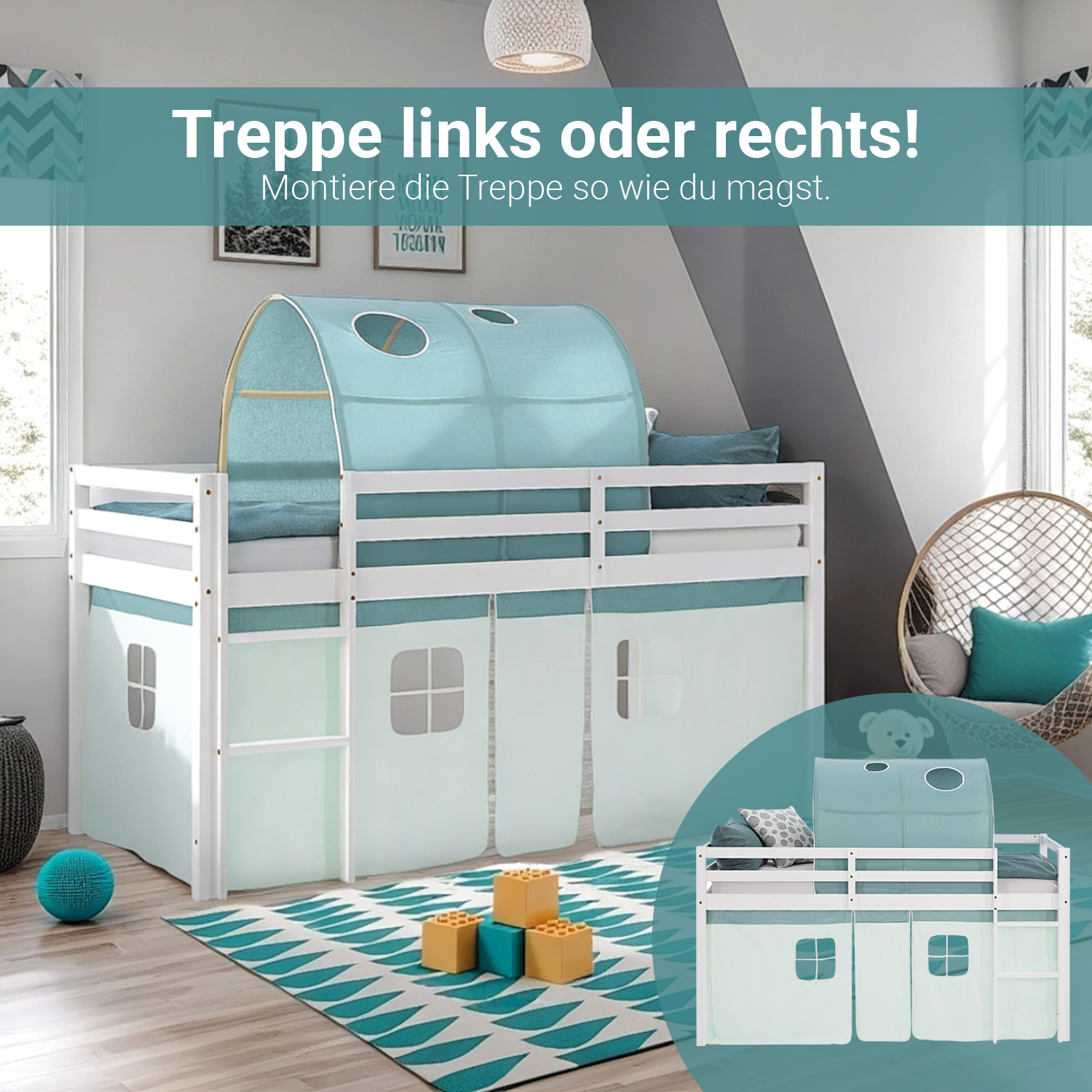 Children's Loft Bed 90x200 cm White with Mint Green Curtain | Tunnel | Includes Slatted Base and Mattress