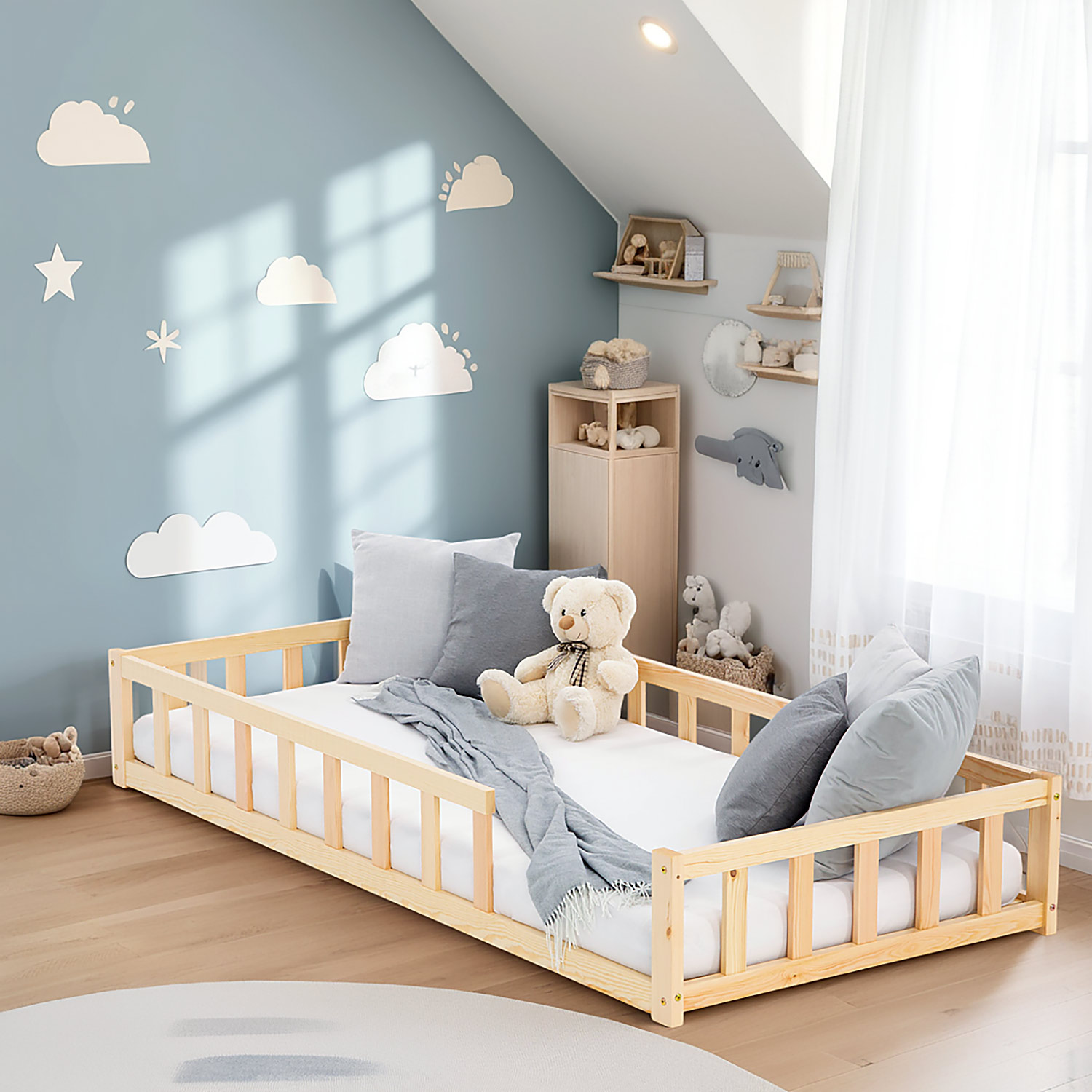 Toddler Floorbed 90x200 or 120x200 cm Montessori Bed with Barriers White Natural Wooden Infant Floor Bed Children's Bed Massif Kids Bed Single Bed Mattress