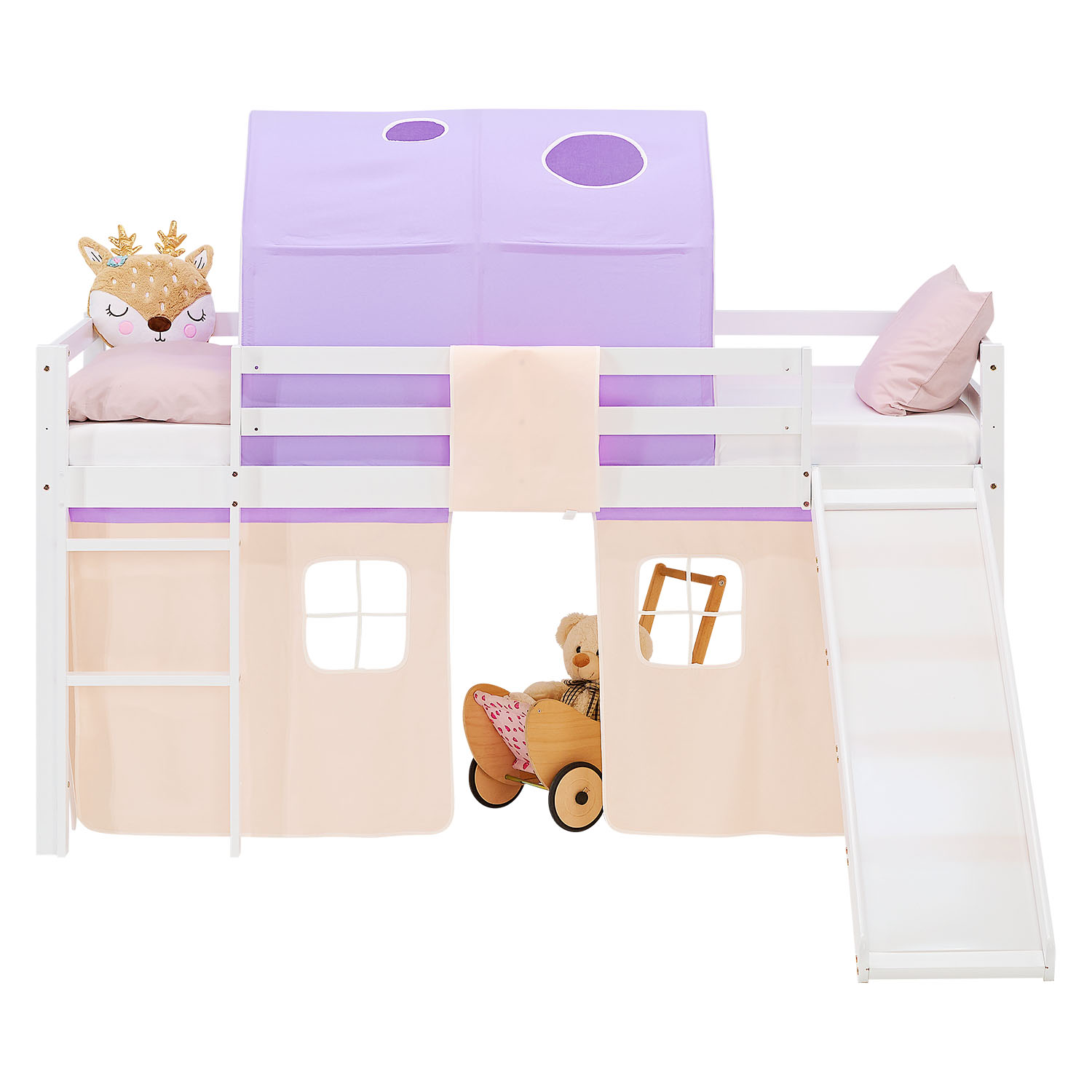 Loft Bed for Kids 90x200 cm White with Curtain & Tunnel in Lilac Beige | Slide | with Slatted Frame and mattress