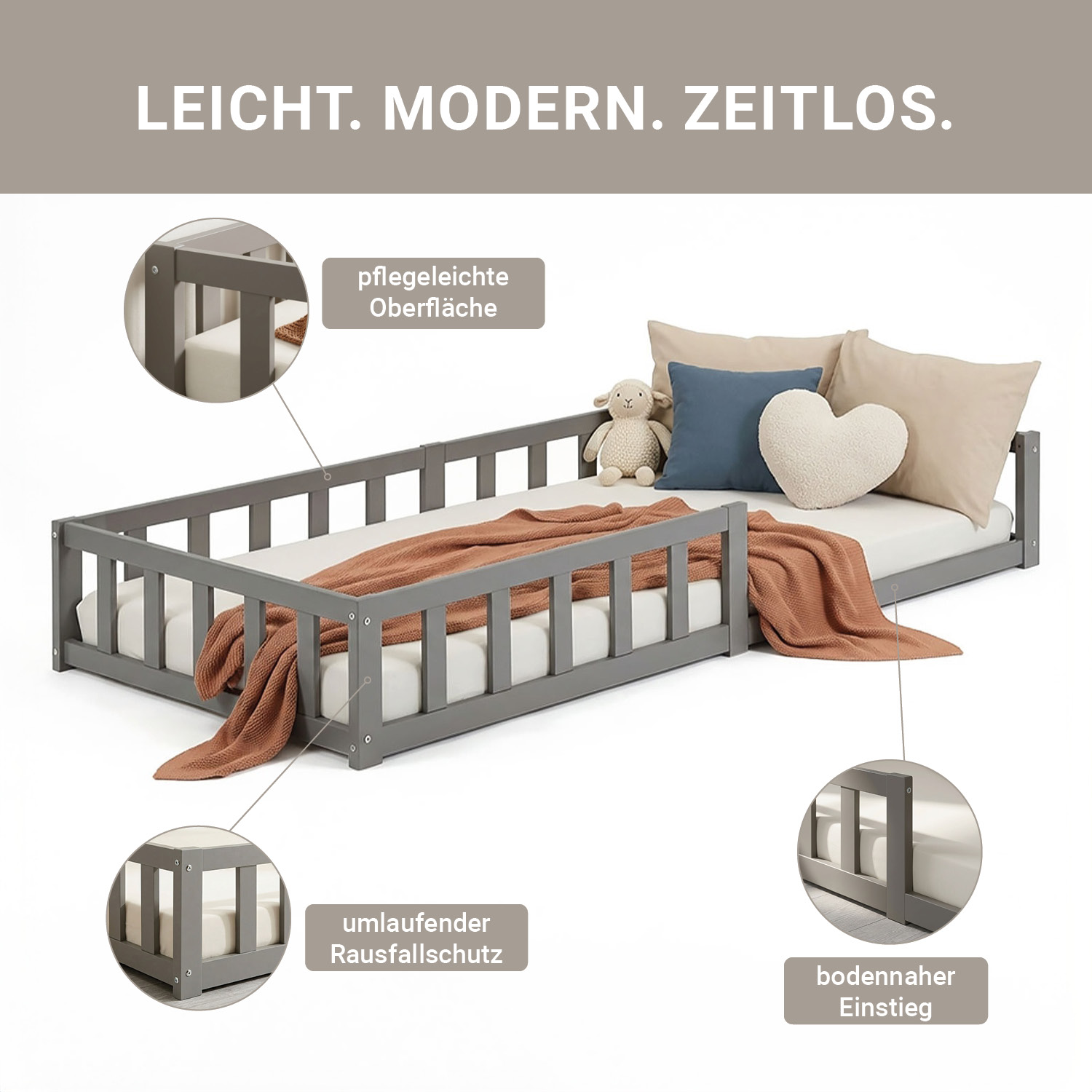 Children's Bed 90x200 Grey | Floor Bed with Slatted Frame | with Fall Protection | Montessori