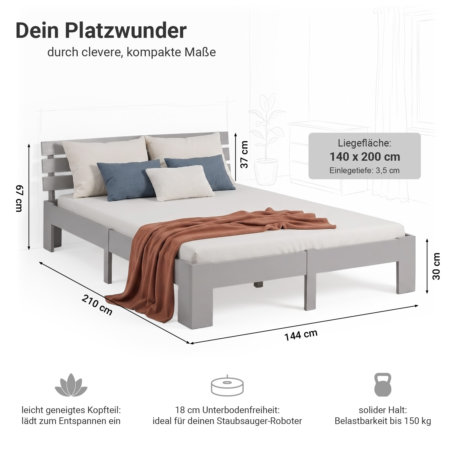 Wood Bed 140x200 cm Grey | Double Bed | with Spring Mattress | Solid | Youth Guest Bedroom