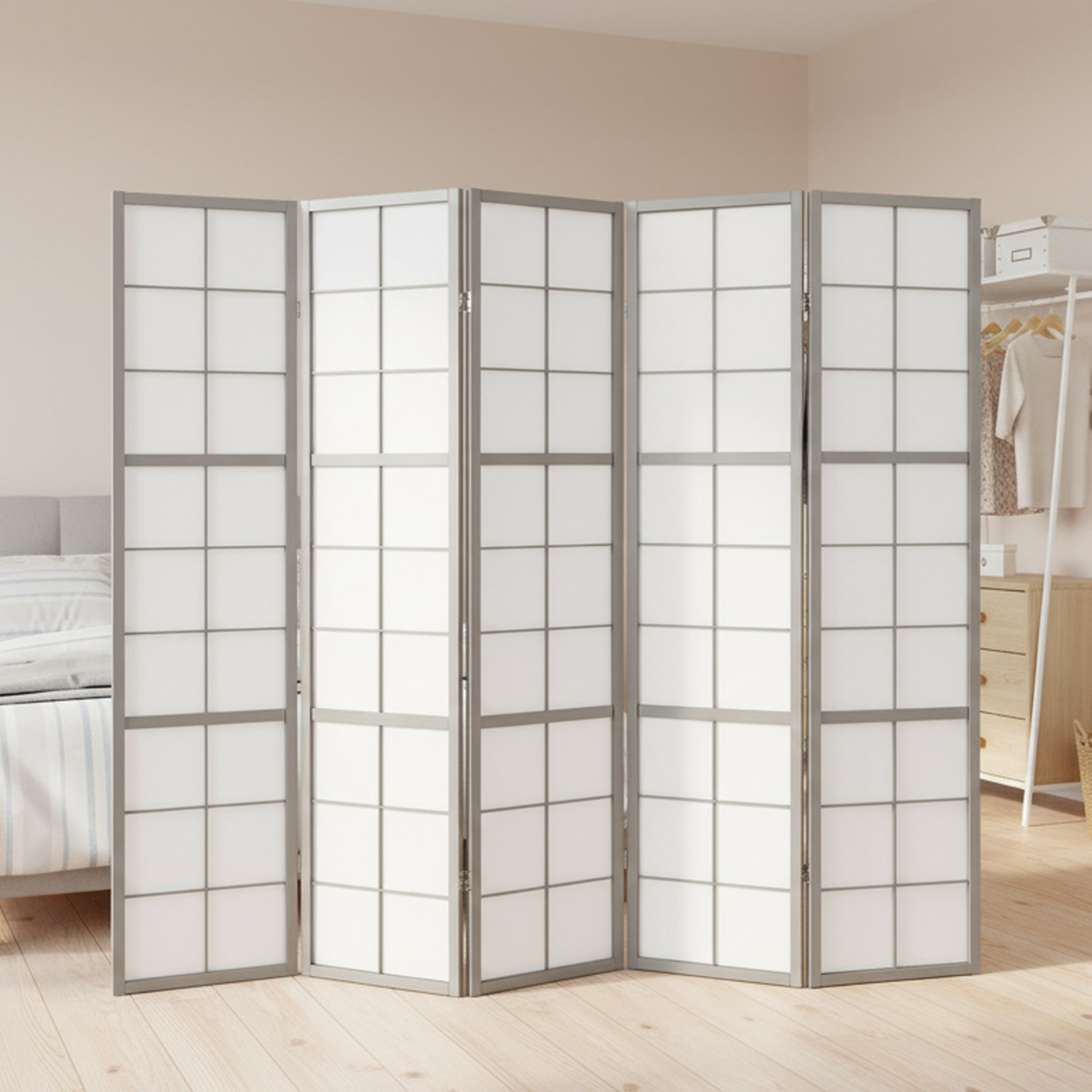Paravent Grey Shoji | 5-panel | Wood | Room Divider | Partition Privacy Screen
