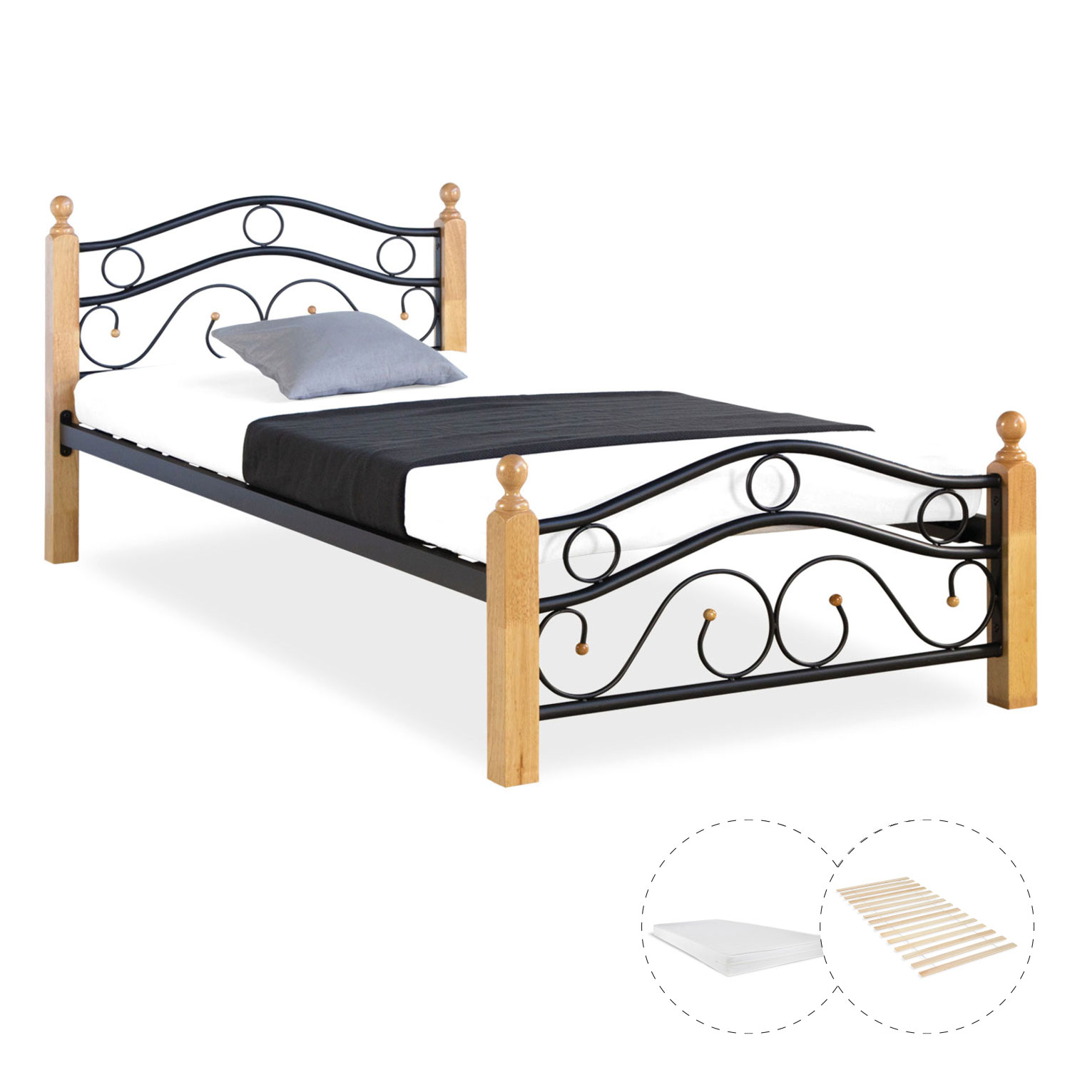 Metal Bed with Mattress Slatted Frame 90x200 cm Bedstead Black Nature Wood Single Daybed