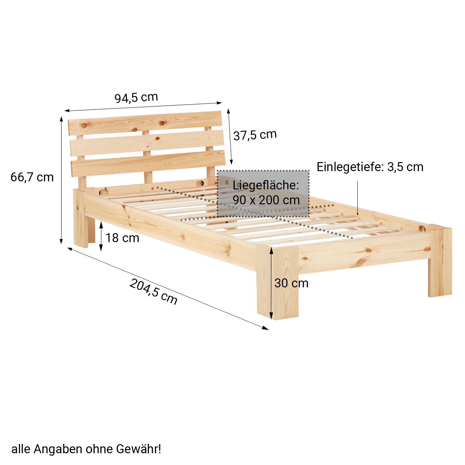 Wood Bed 90x200 cm Natural | Single Bed with Storage Drawer | with Slatted Frame | Solid | Kids Youth Guest Bedroom