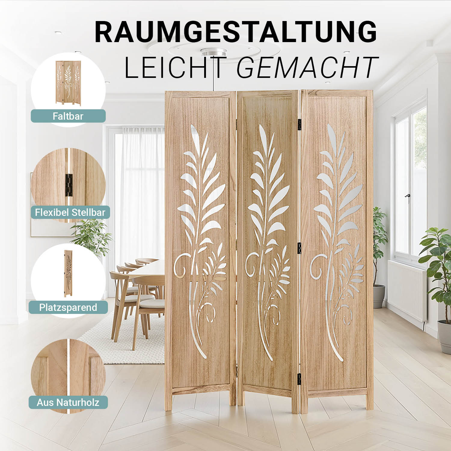 Paravent Natural Design | 3-panel | Wood | Decorative Room Divider | Partition Privacy Screen