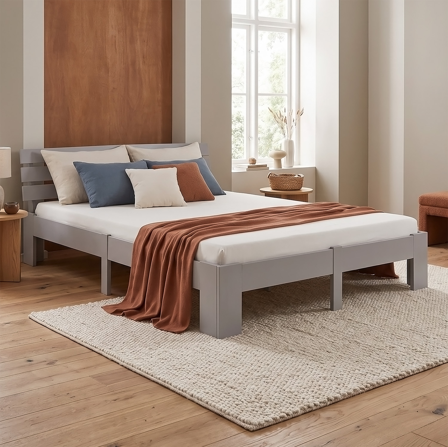 Wood Bed 180x200 cm Grey | Double Bed | with 2 Mattress | Solid | Kids Youth Guest Bedroom