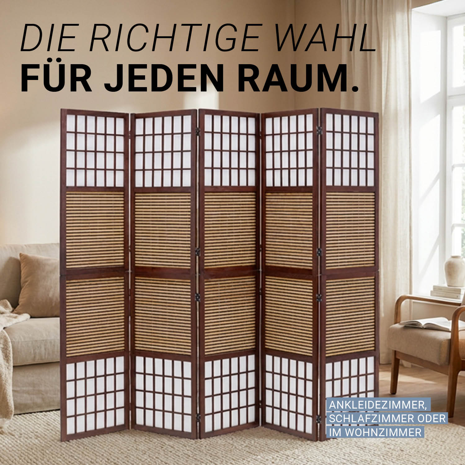 Brown 5-panel folding screen – room divider with bamboo and shoji rice paper