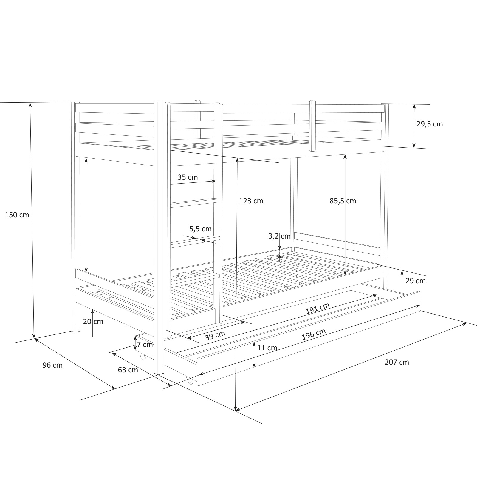 Bunk bed with or without drawer and 2 matresses Children bed 90x200 cm wooden Kids bed Set High sleeper White Slats