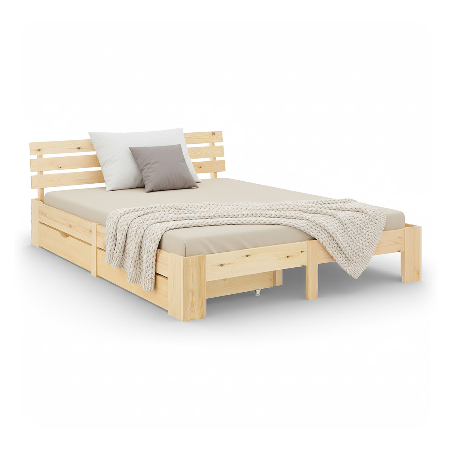 Wood Bed 140x200 cm Natural | Double Bed with Storage 2 Drawers | with Slatted Frame | Solid | Kids Youth Guest Bedroom