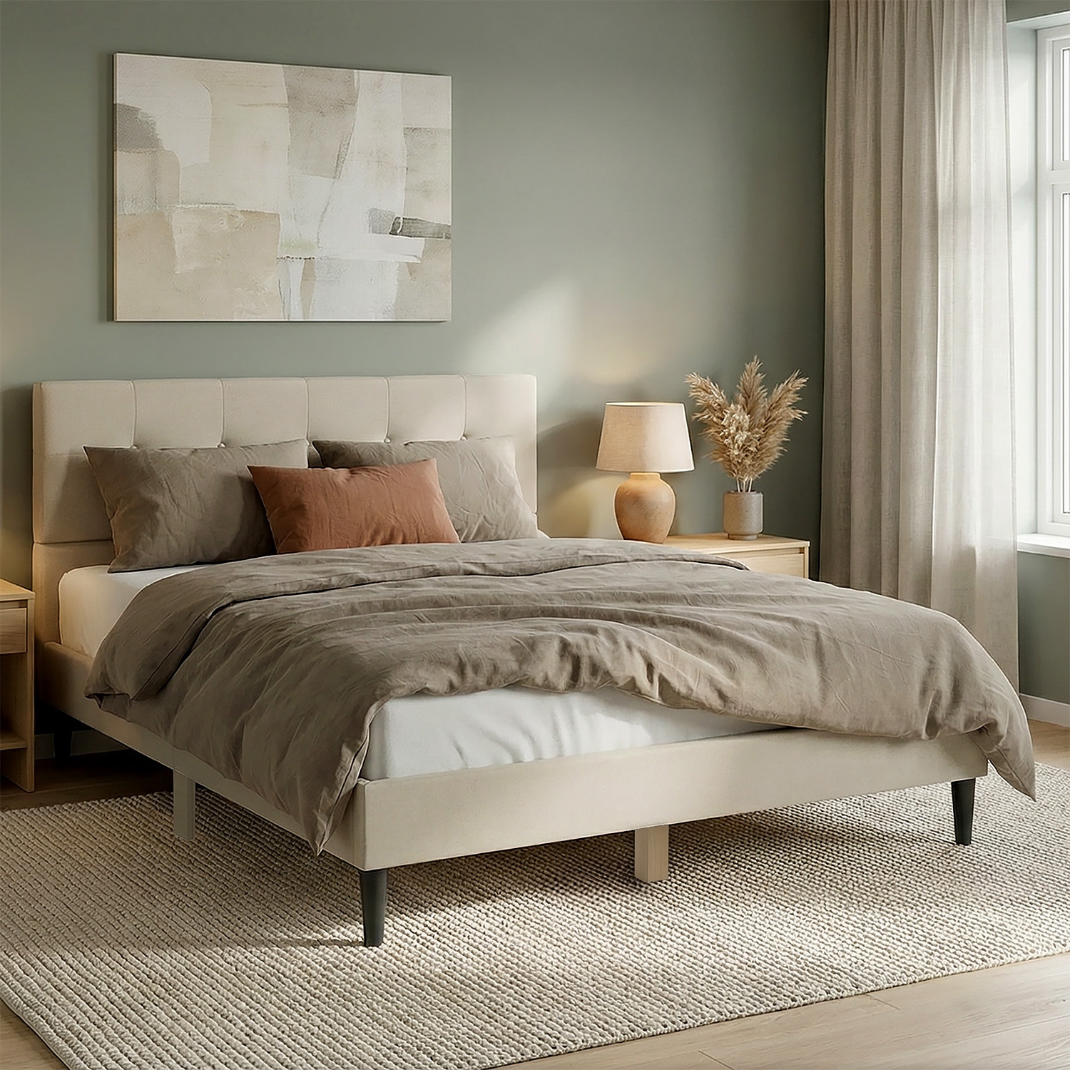 Upholstered bed 140x200 cm beige | with slatted frame | double fabric bed frame