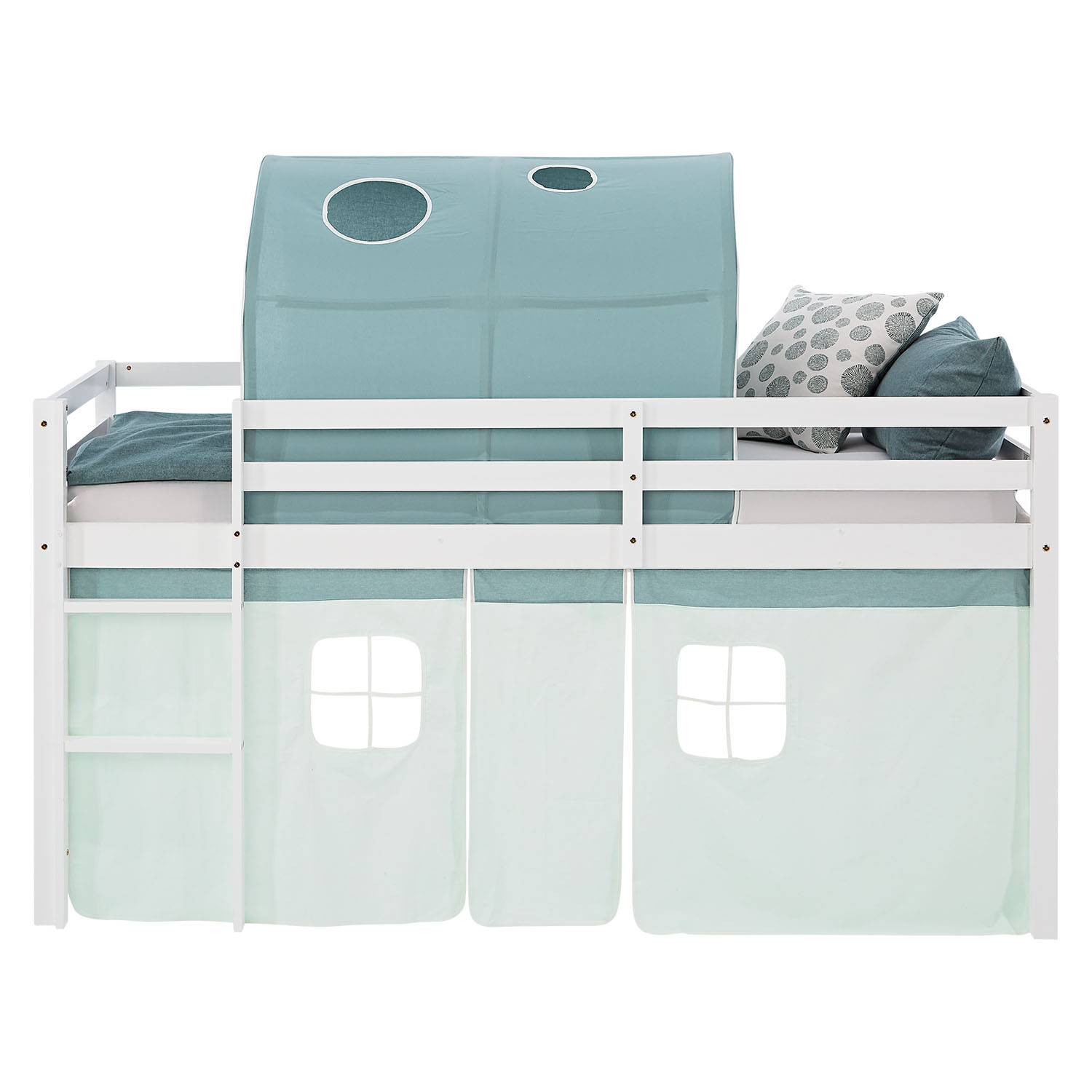 Loft Bed for Kids 90x200 cm White with Curtain in Mint Green | Tunnel | with Slatted Frame