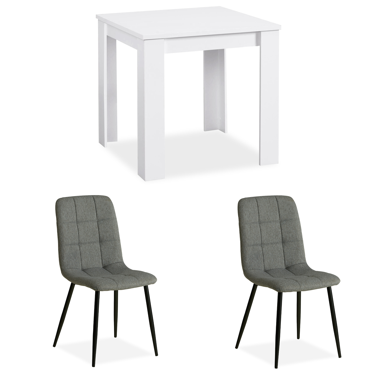 Modern Dining Table White 80x80 cm with 2 Grey Linen Chairs Dining Room Table Wooden Table