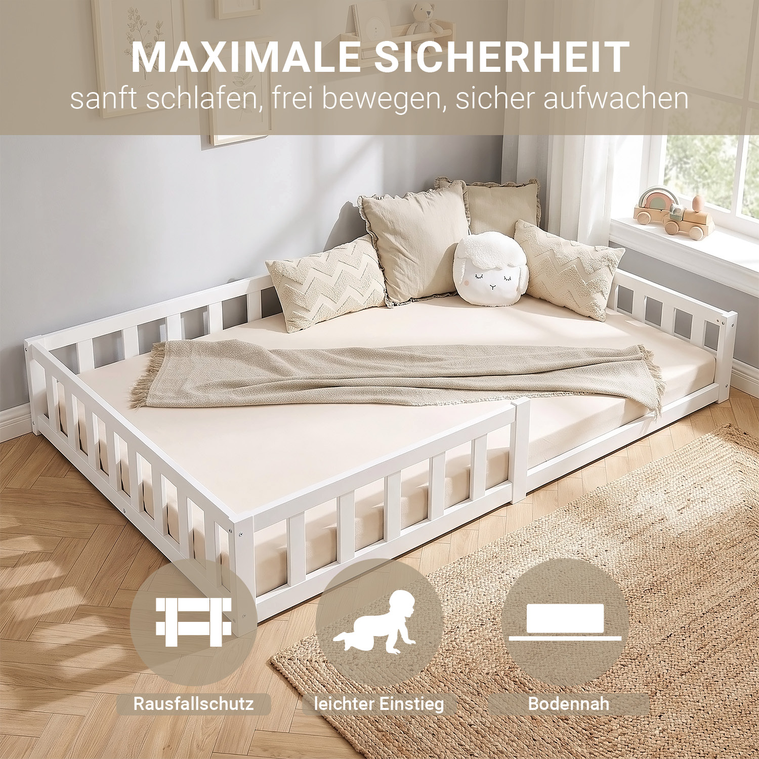 Montessori Crib 120x200 cm White with Safety Rail & Slatted Base – Solid Wood Crib