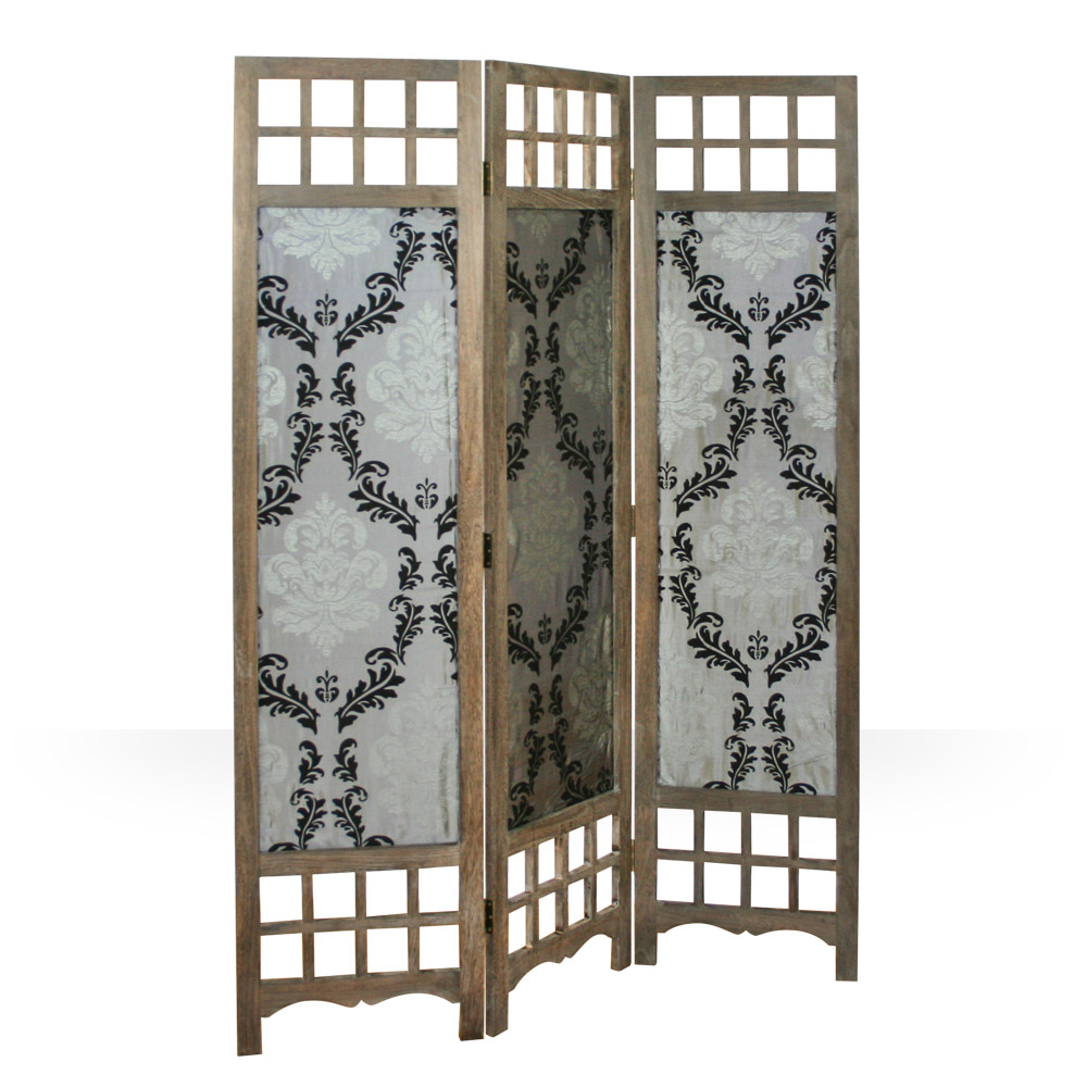 Paravent Room Divider 3 Piece Wood Partition Fabric Privacy Screen Brown Grey Pattern