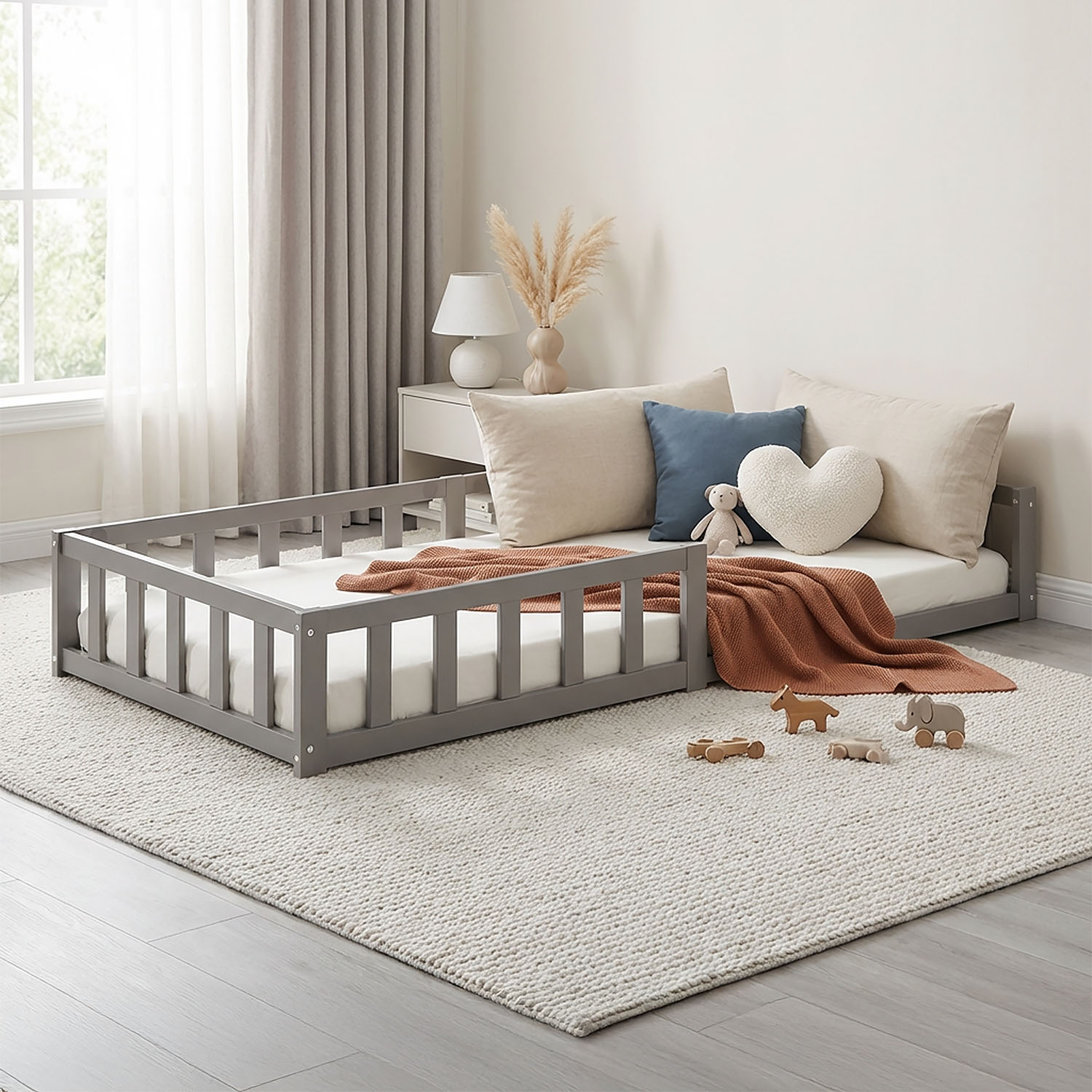 Montessori Crib 90x200 cm Gray, Includes Mattress & Slatted Base – Floor-Level Crib with Safety Rail Made of Solid Wood
