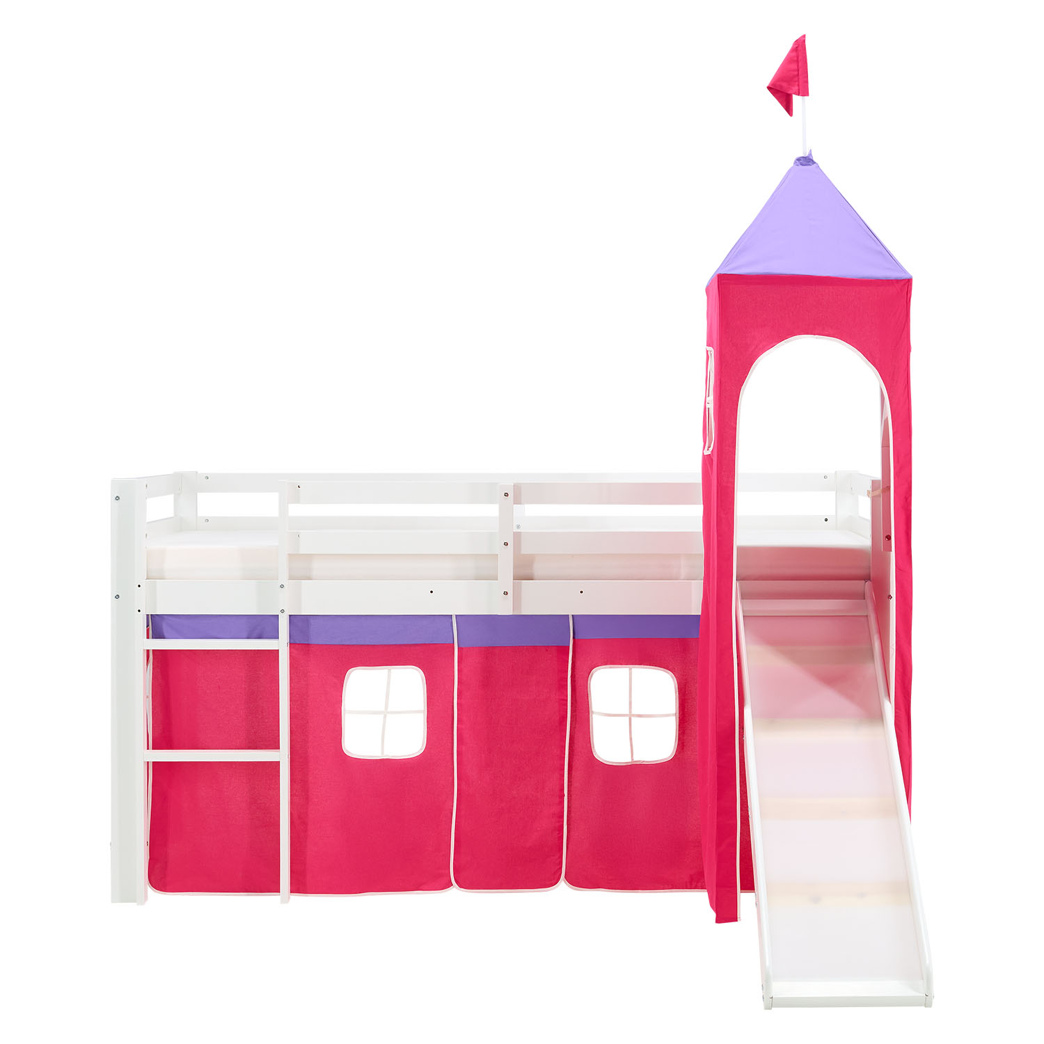 Children's Loft Bed 90x200 cm, White with Pink Curtain | Tower | Slide | Includes Slatted Base