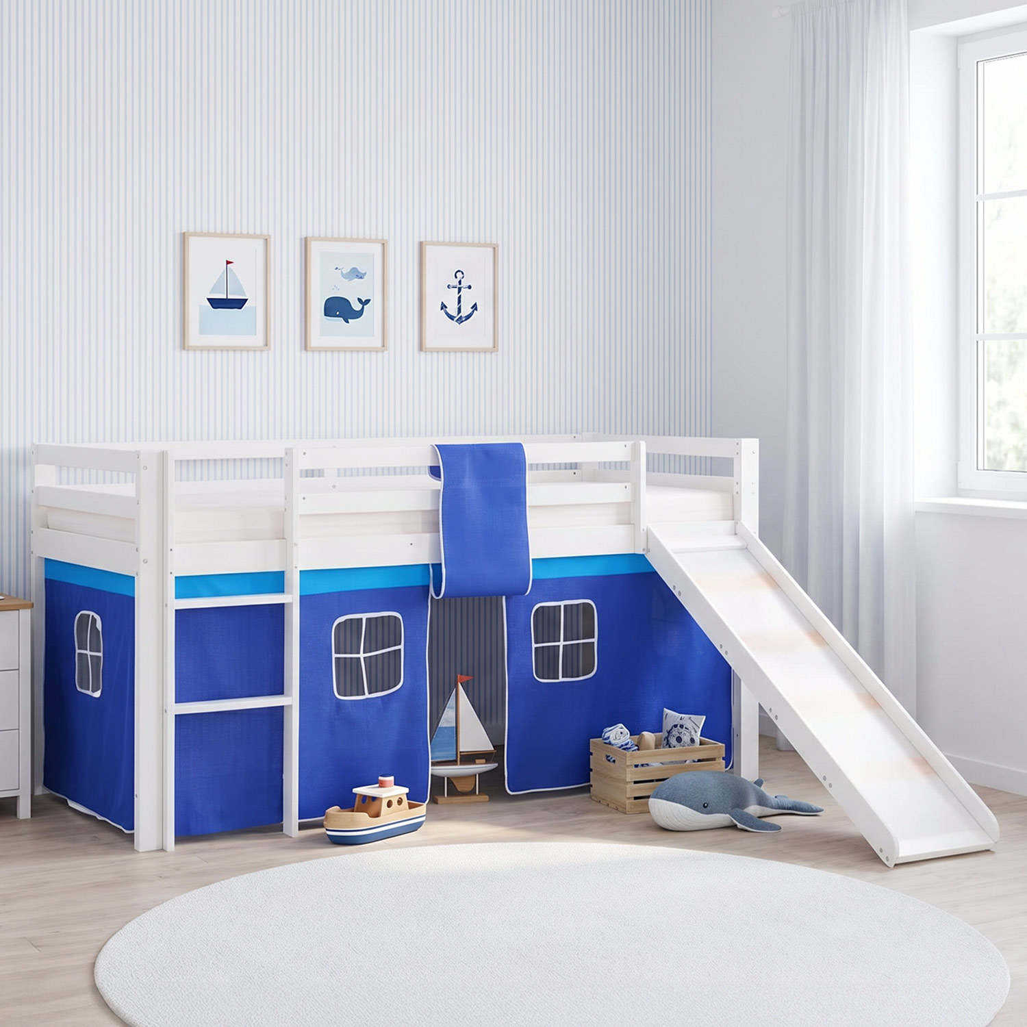Children's Loft Bed 90x200 cm White with Blue Curtain | Slide | Without Slatted Base | For Boys
