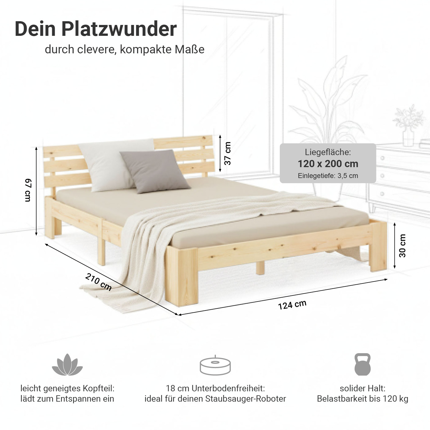 Double Bed with Mattress and Slatted Frame 120x200 Bed Nature Solid Pine Wooden Bed Futon Bed