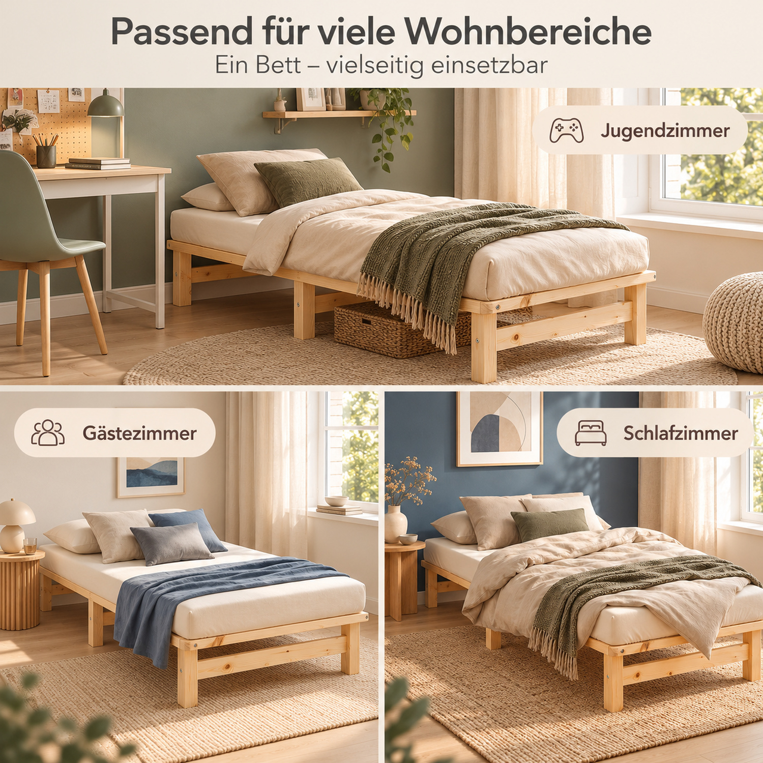100x200 cm Natural Pallet Bed – Wooden Single Bed with Mattress & Slatted Base for Teen Rooms, Guest Rooms, and Bedrooms